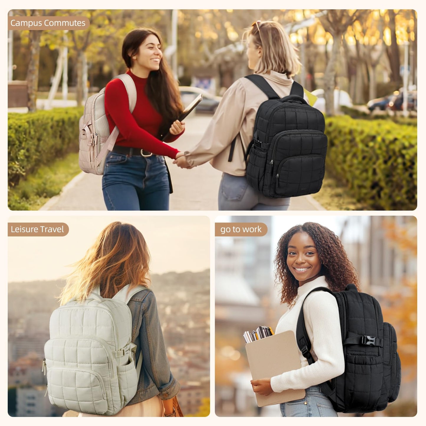 CLUCI 17.3 Inch Laptop Backpack for Women Anti Theft Travel Puffer Quilted Backpack Water Resistant College bag with RFID (Black)