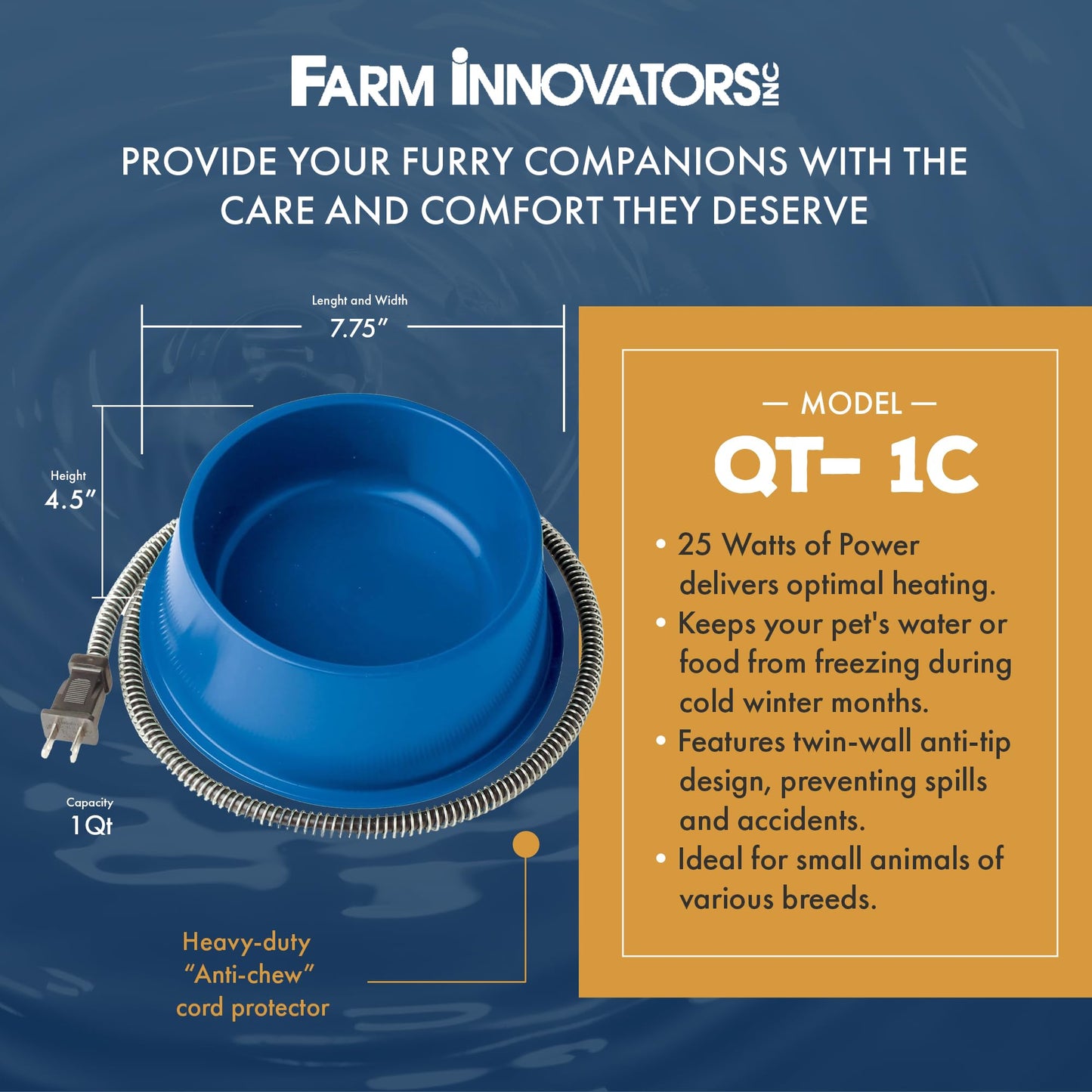 Farm Innovators 1 Quart Plastic Heated Pet Bowl with Anti Chew Cord and 25 Watts of Power for Rabbits, Dogs, Cats, and All Breed Sizes, Blue