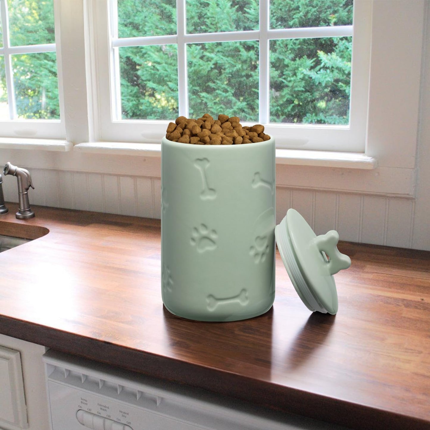 NIXBYO Dog Treat Container Airtight - 9"x5" Green Large Ceramic Dog Treat Jar for Kitchen Counter, Dog Cookie Jar with Lid - Farmhouse Style Dog Food Storage Container for Dogs, Cats, Pets