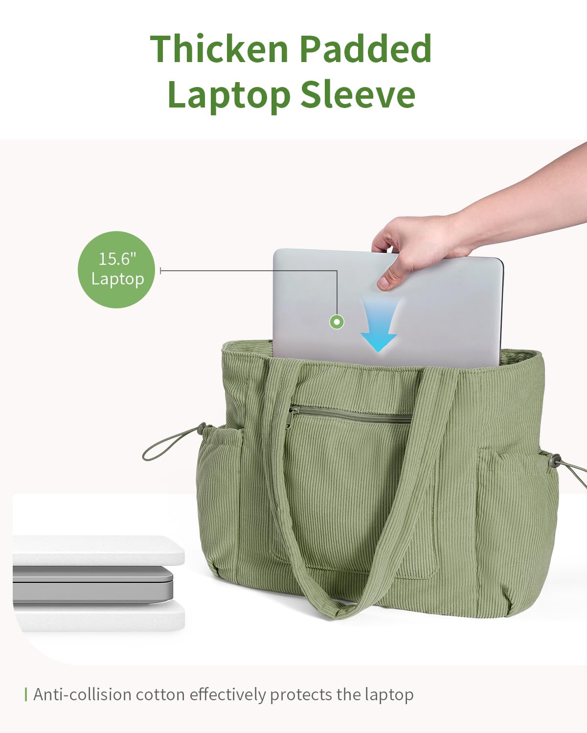 ECOHUB Tote Bag for Women, Work Tote Bags with Laptop Compartment, Large Corduroy Tote Bag with Stanley Cup Holder, Shoulder Bag Handbag for Travel Weekend Gym Green