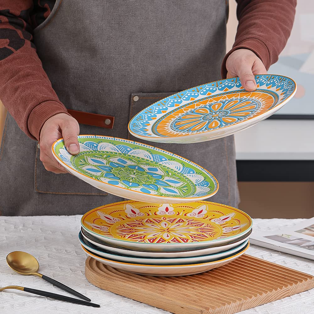 Dinner Plates Set of 6, 10 Inch Scratch Resistant Ceramic Plates, Dishwasher and Microwave Safe, Pasta Plate, Salad Plate, for Main Course, Multicolor