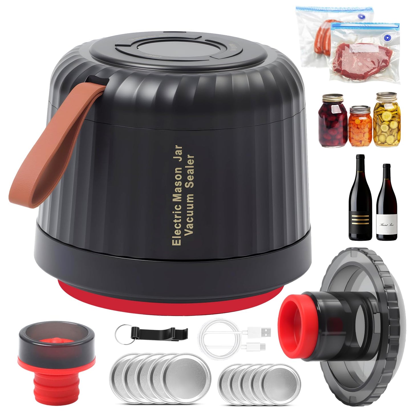 Electric Mason Jar Vacuum Sealer, Upgraded 3-in-1 Portable Vacuum Sealer Kit - for Mason Jars, Vacuum Seal Bags & Containers - Ideal for Canning Jams, Pickles, Dry Foods & Grains-Inky Black