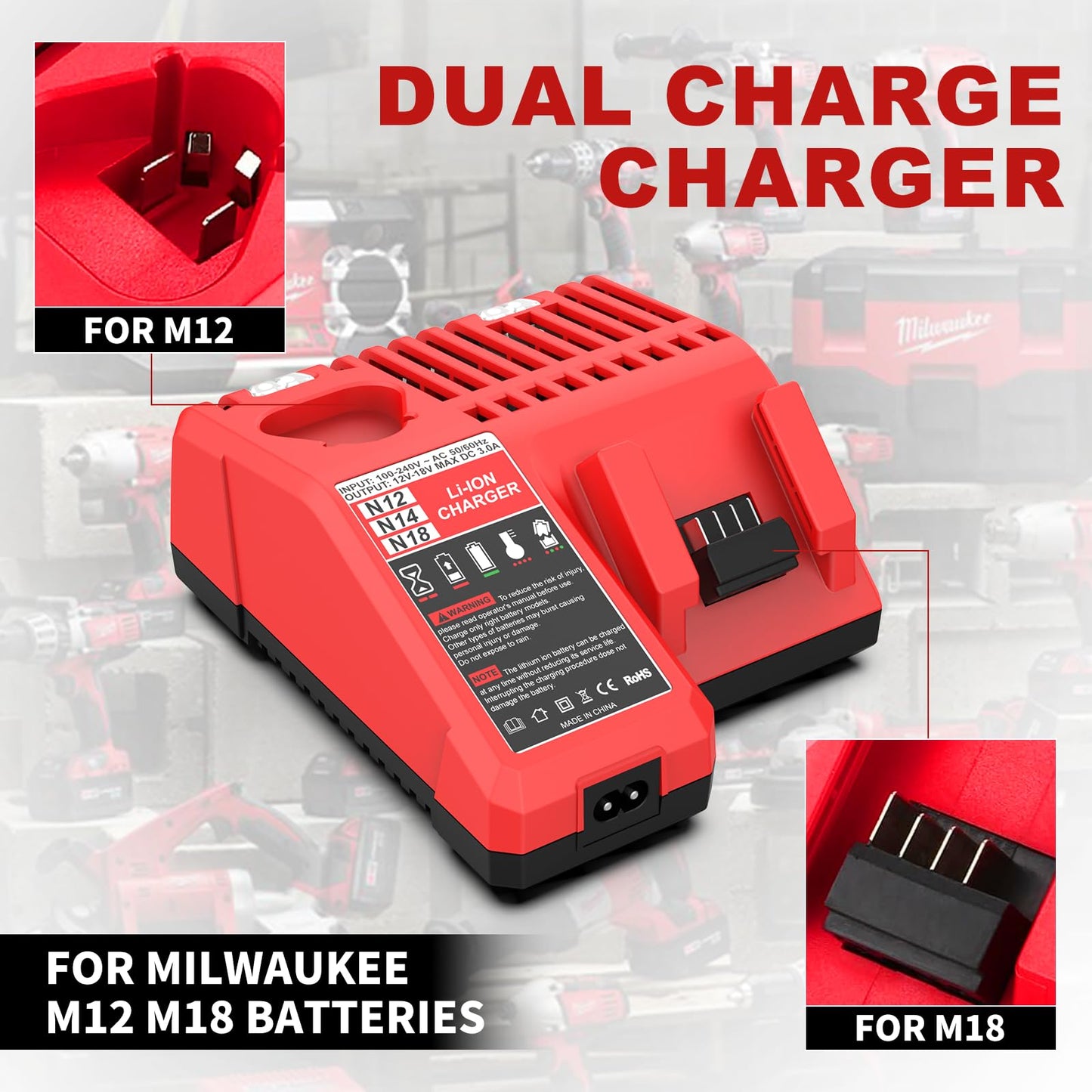 BECDXPal Charger Replacement for Milwaukee 18V Charger Compatible with Mil-Waukee 12V&18V Battery 48-11-2420 48-11-1815 48-11-1840 48-11-1841(Not Made in Milwaukee)
