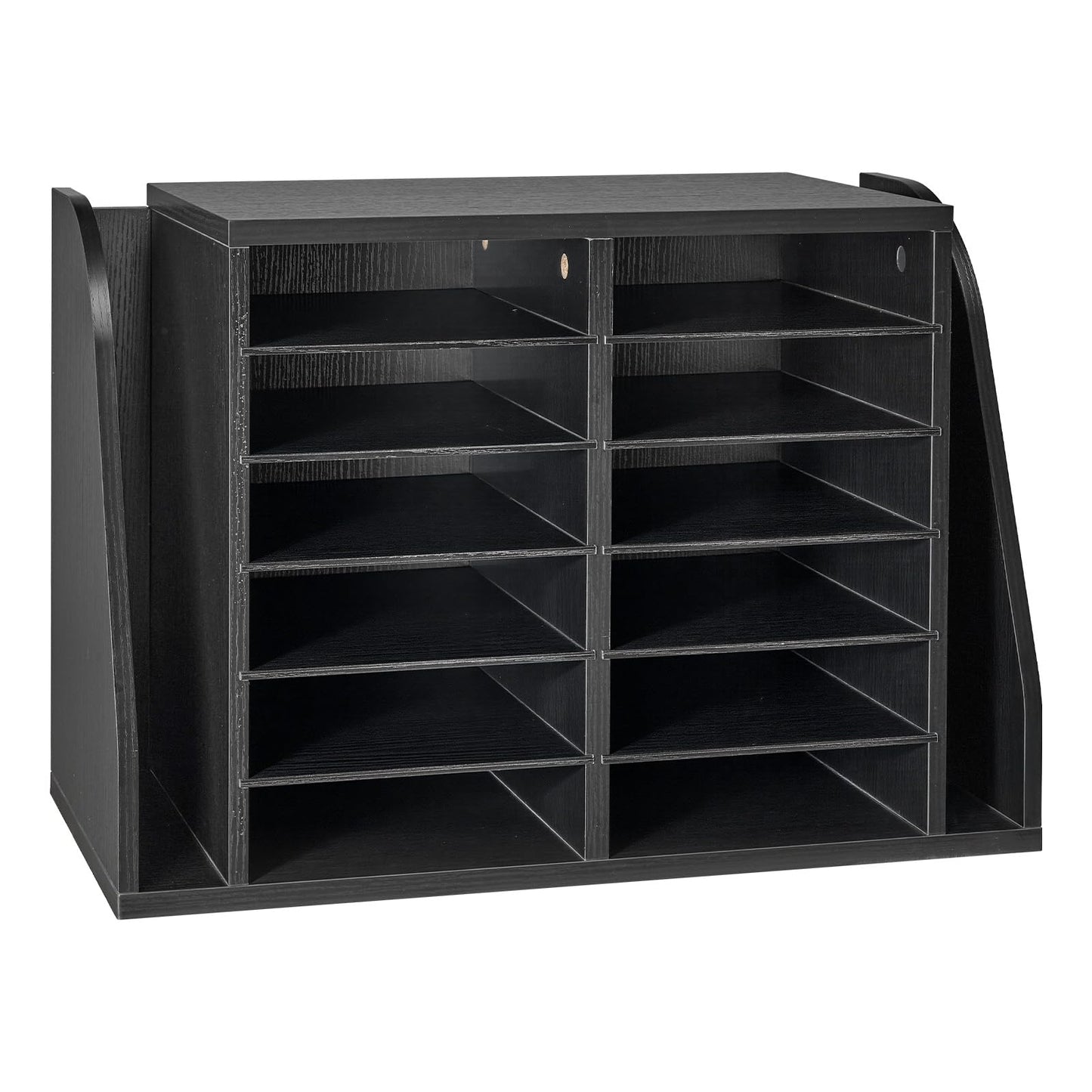 VEVOR Literature Organizer, 12 Compartments Office Mailbox with Side Vertical Storage, Wooden Mailbox Sorter Made of Particle Board, Countertop Office Home Organizer for File, Document, Paper, Black