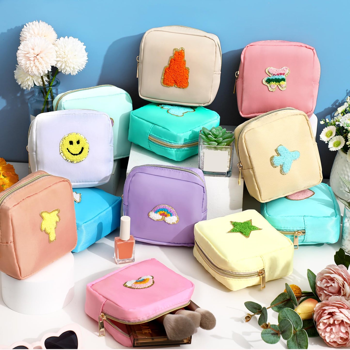 Sumind 12 Pcs Preppy Patch Cute Makeup Bag Travel Cosmetic Toiletry Chenille Skincare Bag Portable Nylon Organizer Storage Purse Small Zipper Makeup Pouch Daily Use Storage Purse for Women Girls Gift