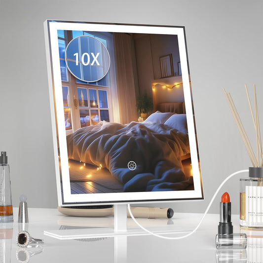 AUATZ Vanity Mirror with Light Dimmable Makeup Mirror with 3 Color & Detachable 10X Magnification Mirror, Lighted Makeup Mirror with Lights, Touch Control, Gift for Girl/Women, 13"X10", White