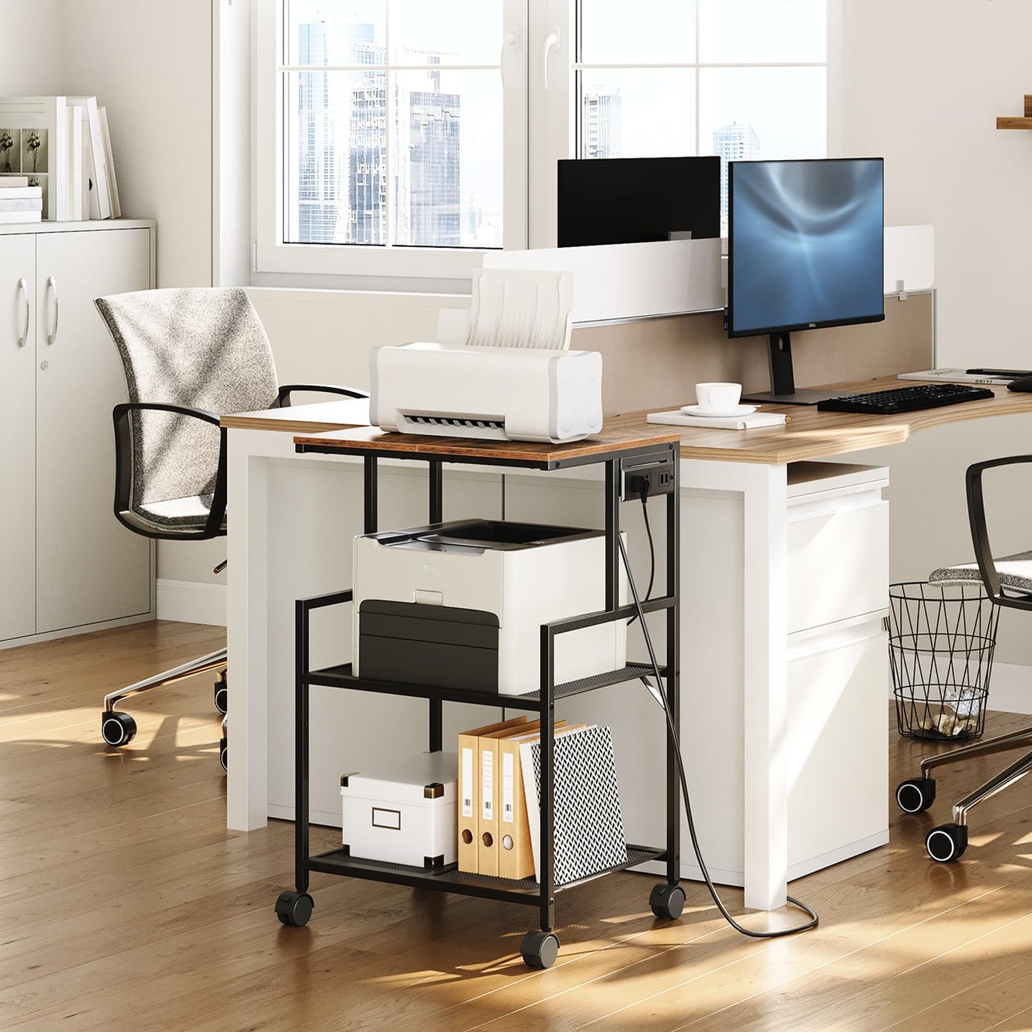 MAHANCRIS Mobile Printer Stand, 3-Tier Industrial Rolling Printer Storage Cart with Power Outlets and 2 USB Ports, Printer Table with Wheels for Home Office, Living Room, Rustic Brown PTHR78E01