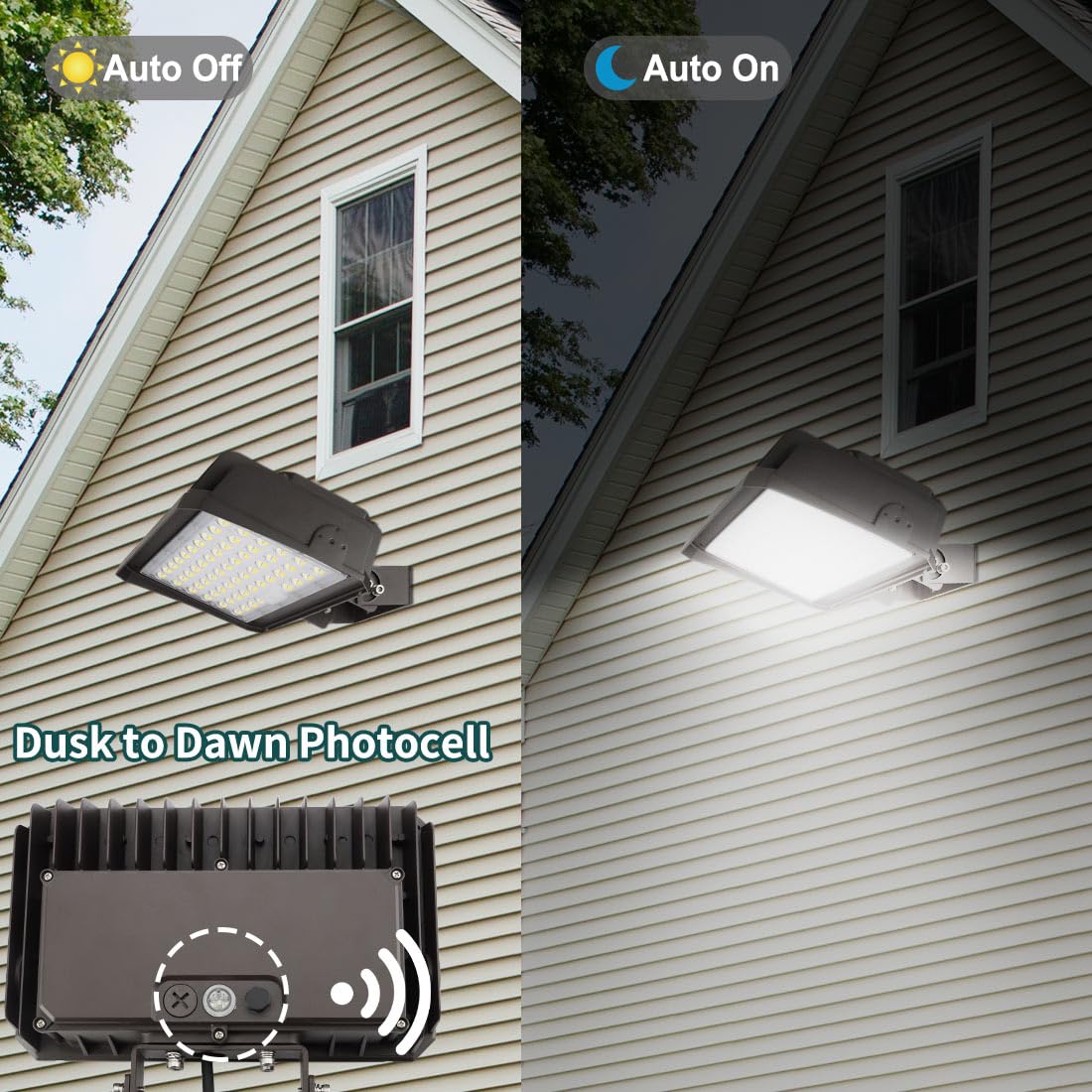 kadision 150W LED Flood Light with Dusk-to-Dawn Photocell, 150W/100W/75W Adjustable 130lm/W 5000K Daylight 100-277V IP65 Waterproof, Trunnion Mount LED Parking Lot Light, ETL Listed