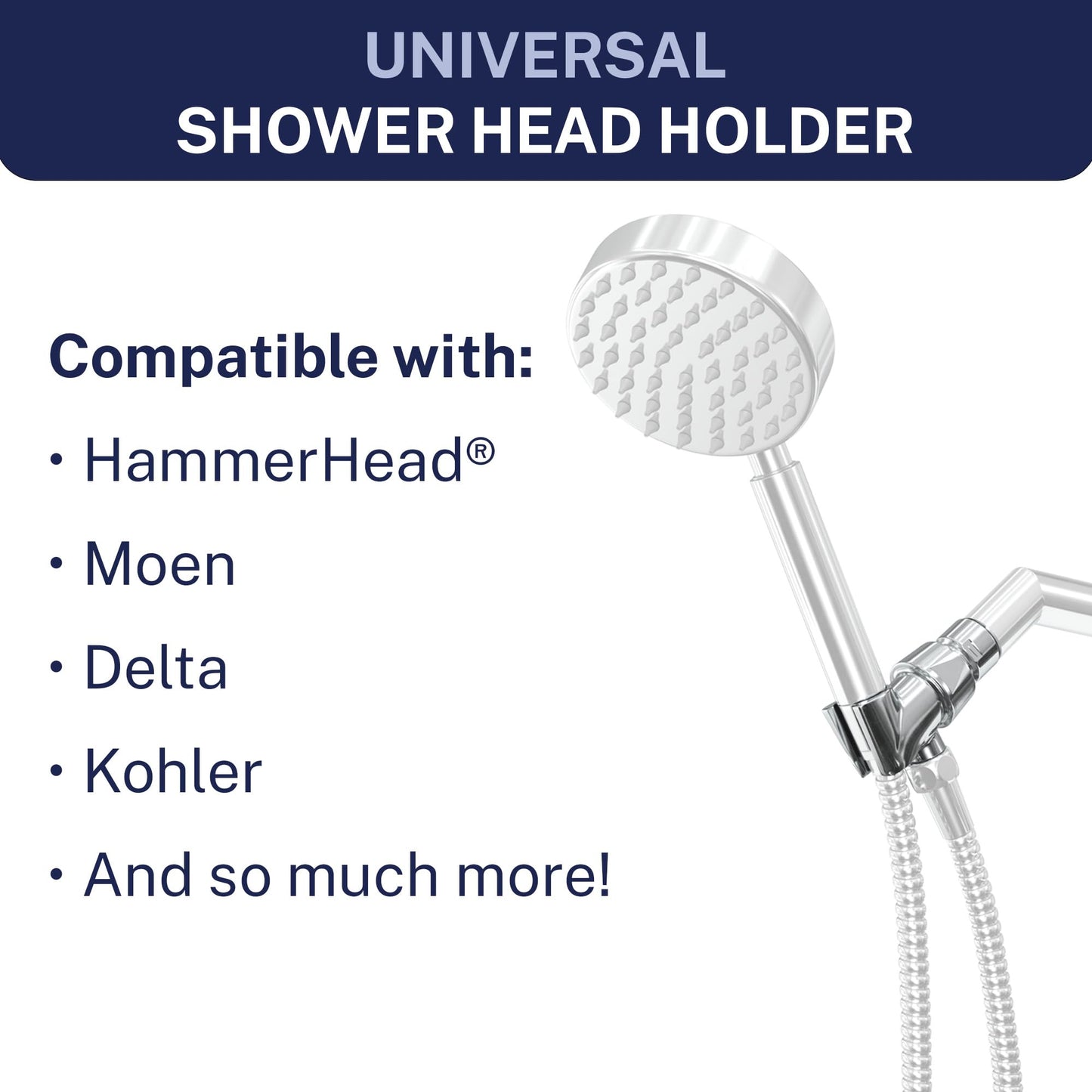 HammerHead Showers® All Metal Handheld Shower Head Holder - Chrome - Adjustable Shower Wand Holder with Universal Wall Hook Bracket and Pivot Ball - Hand Held Shower Head Holder - Shower Hose Holder