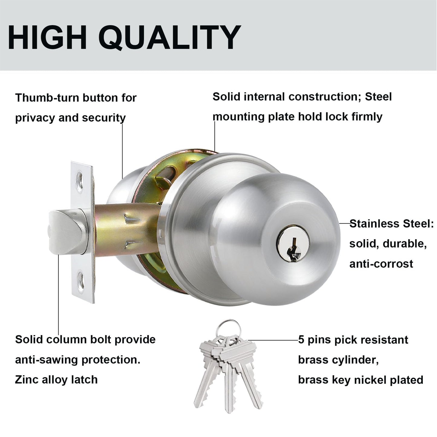 Comfhouse 3 Pack Stainless Steel Round Ball Entry Door Knob, Keyed-Alike Entrance Interior/Exterior Door Knob with Lock for Bedroom Bathroom, Front Entry Door Knobs with Lock Same Key, Satin Nickel