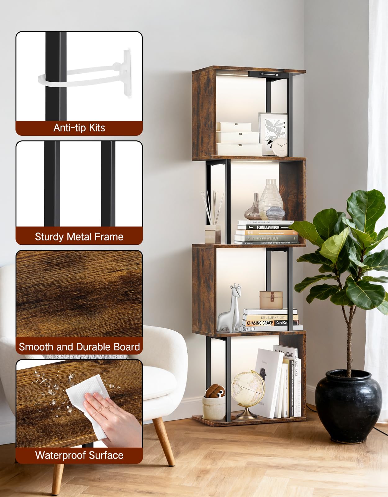 OUTONLIFE 5-Tier S-Shaped Geometric Bookshelf with LED Light, 3 Color Temperatures, Touch & Remote Control, Dimmable Standing Bookcase, Small Display Shelf for Living Room, Bedroom, Office