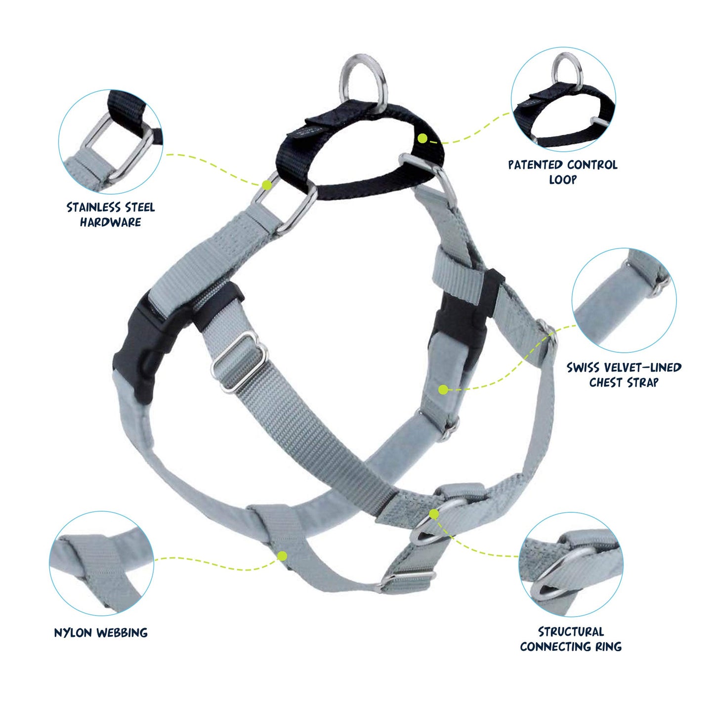 2 Hounds Design Freedom No Pull Dog Harness | Adjustable Gentle Comfortable Control for Easy Dog Walking | for Small Medium and Large Dogs | Made in USA | Leash Not Included | 1" LG Silver