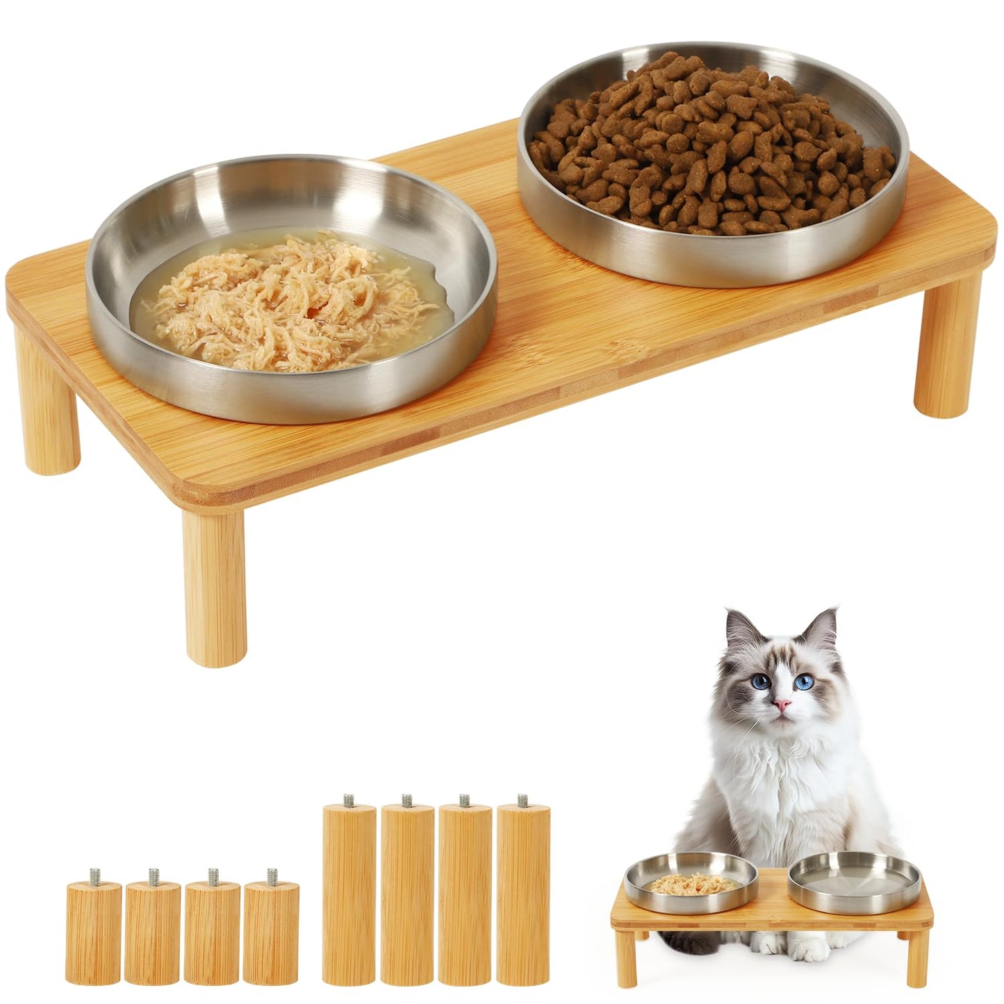 DoogCat Elevated Cat Bowls for Indoor Cats – Raised Bamboo Cat Food Table with 2 Stainless Steel Dishes, Adjustable Height (4.25"/3.07"), Whisker Friendly Feeding Station