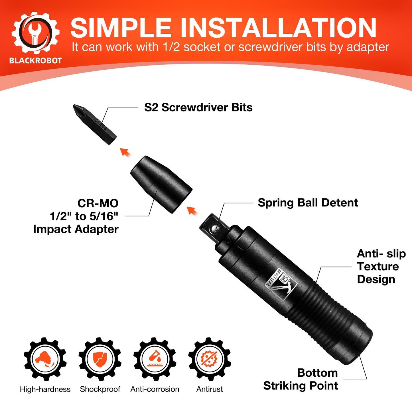 BLACKROBOT 1/2" Manual Impact Screwdriver Set, 10-Piece Reversible Hand Impact Driver, 5/16 Inch Bit Adapter S2 Steel Bits, Disengage Rusted Fasteners or Frozen Bolts