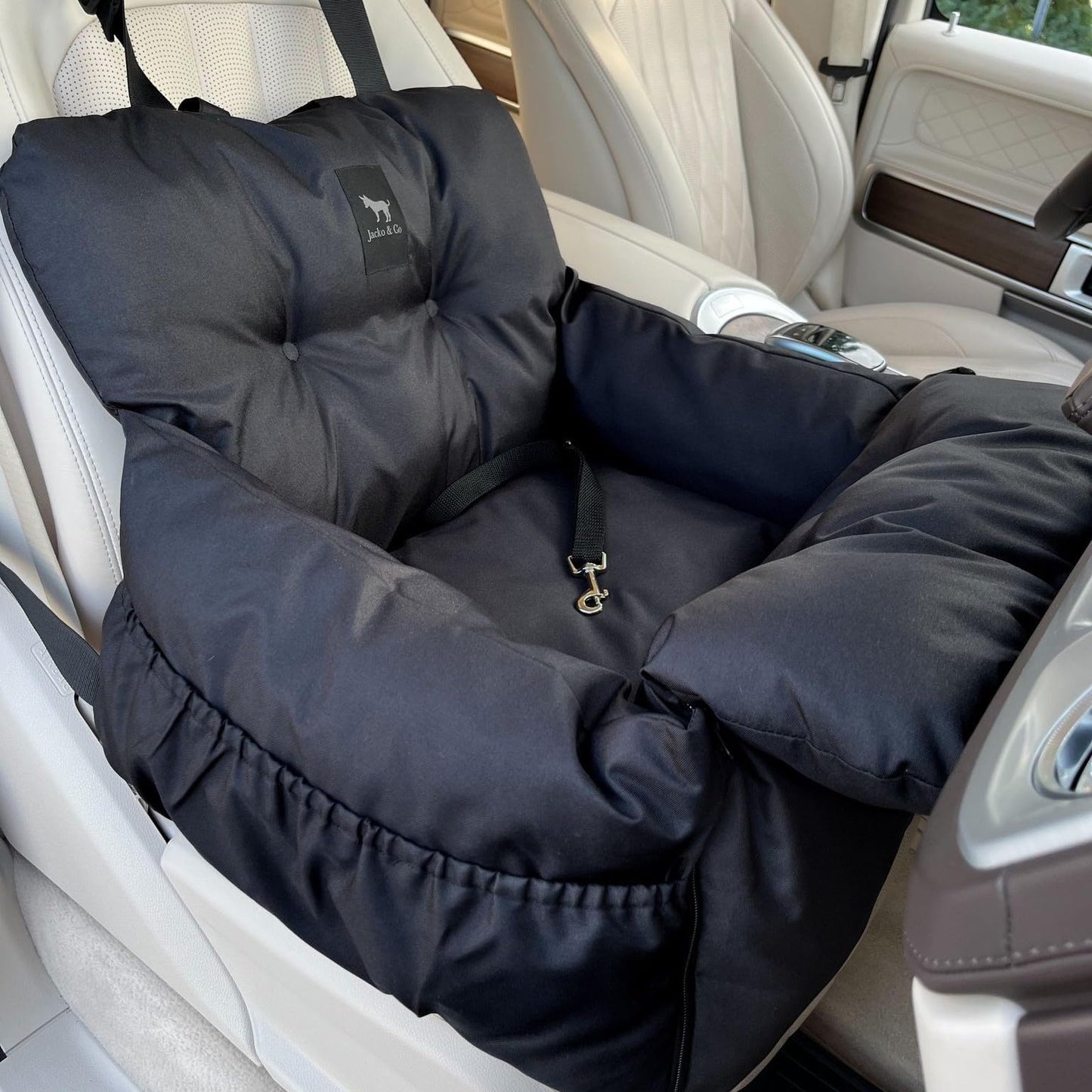 JACKO & CO - Premium Dog Car Seat Bed for Small & Medium Dogs, Soft Travel Bed & Carrier Bag for Pets, Puppies, Cats Front or Back Seat, Machine Washable & Water Resistant (Black, V1 Small (1-25lbs)
