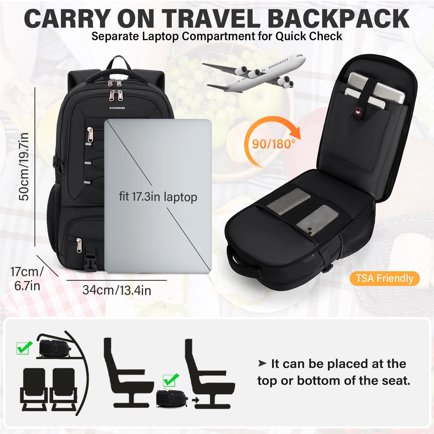 RAINSMORE Insulated Lunch Backpack for Men Women, 17.3 Inch Laptop Backpack with lunch compartment and USB Port and TSA Approved, for Work, Travel, Daily Life