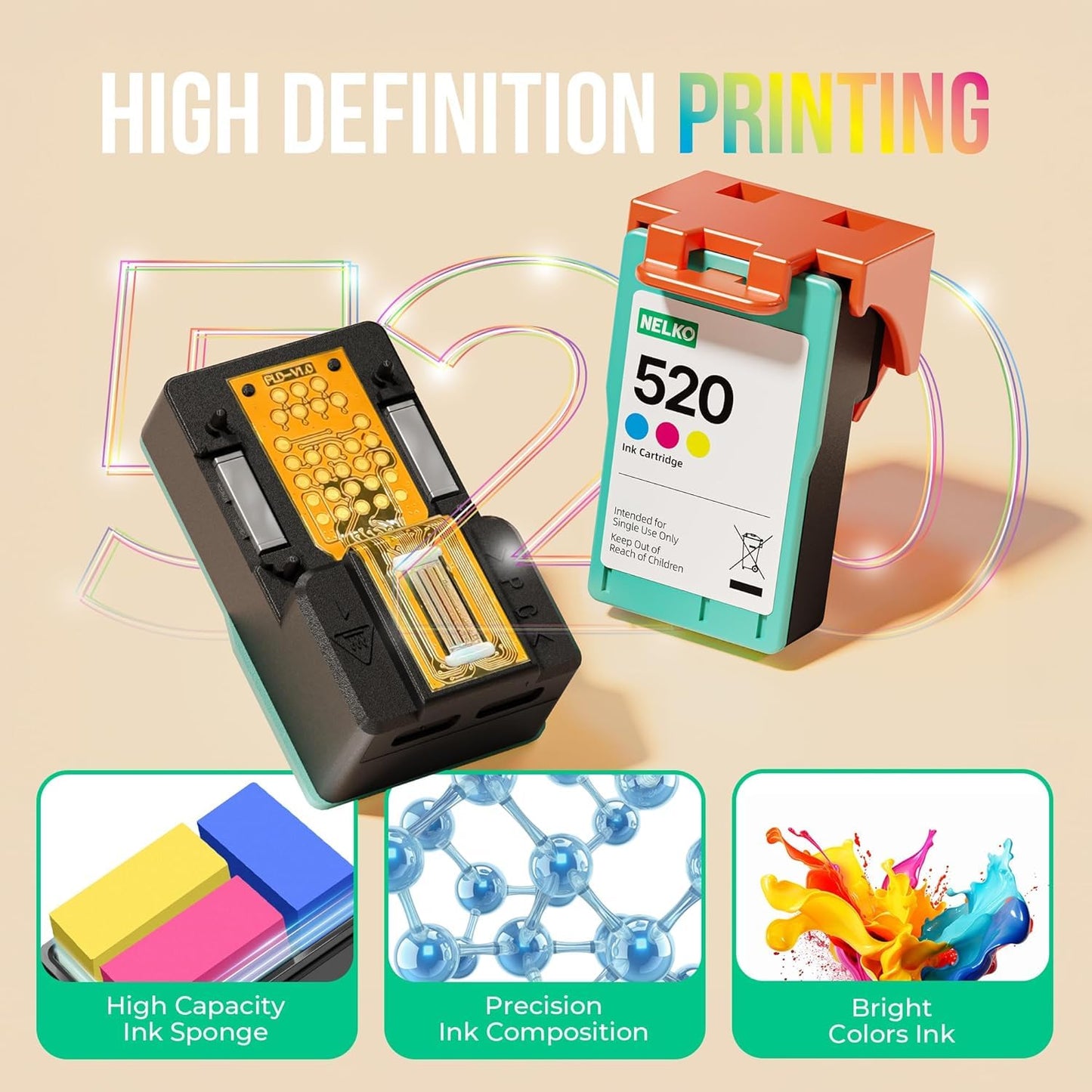 Nelko 520 Genuine Color Ink Cartridges, 2.0 High-Yield Ink Cartridge Compatible with PP01 & PP03 Photo Printer, Water Oxidation-Proof, Photo Printer Cartridge for PP01 Photo Printing, for Home&School