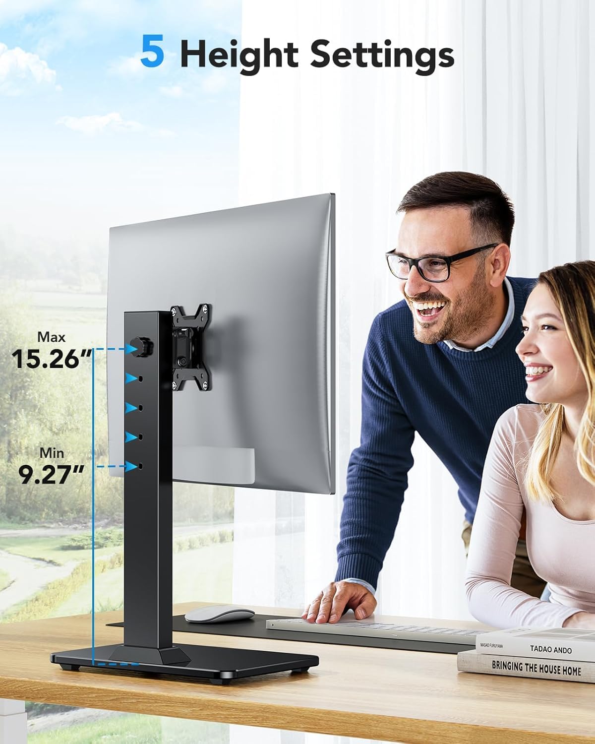 HUANUO Monitor Stand, Freestanding VESA Monitor Mount for 13″–34″ Screens up to 44 lbs, 5 Height Options, Swivel Desk Monitor Stand Riser with 360° Rotation, Tilt, 75x75mm/100x100mm VESA, HNTVS29