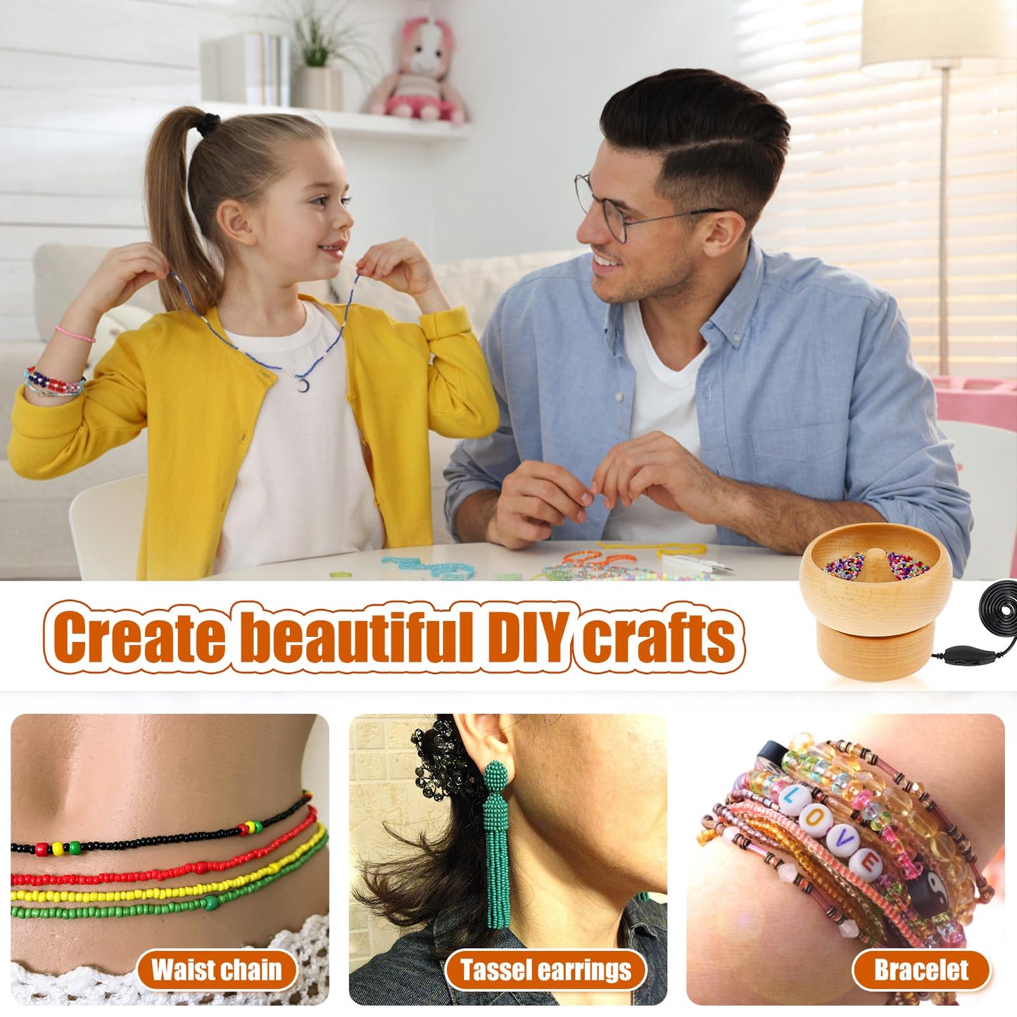 Electric Wooden Bead Spinner, Adjustable Speed and Direction Spin Bead Loader USB Powered Spin Beading Bowl Kit with 2 Beading Needles 2000 Beads for Bracelets Jewelry Making