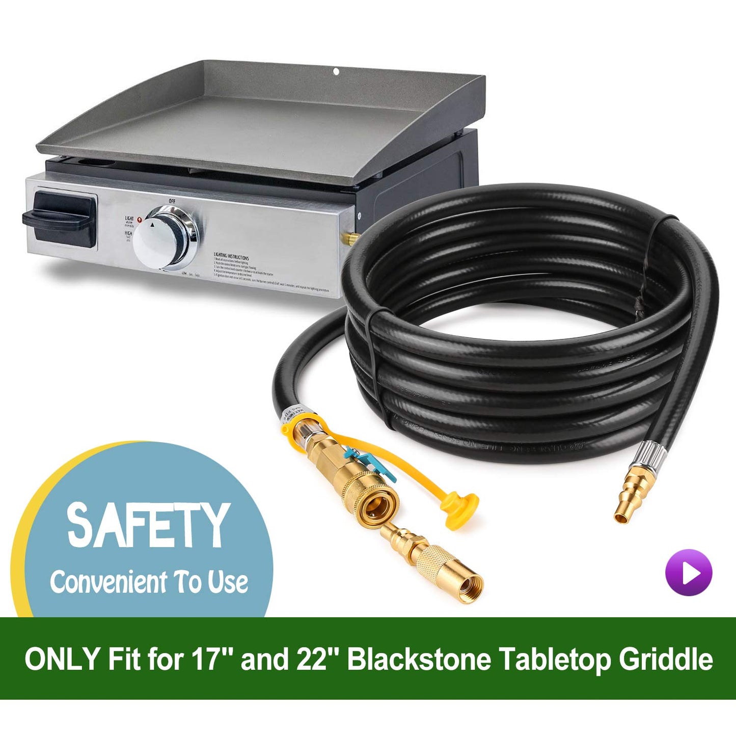 WADEO 12FT Low Pressure RV Propane Hose with Quick Connect Fitting - 1/4" Female Flare to RV Quick Connect - Compatible with Blackstone 17 & 22 inch Tabletop Grills, Camp Stoves, Fire Pits