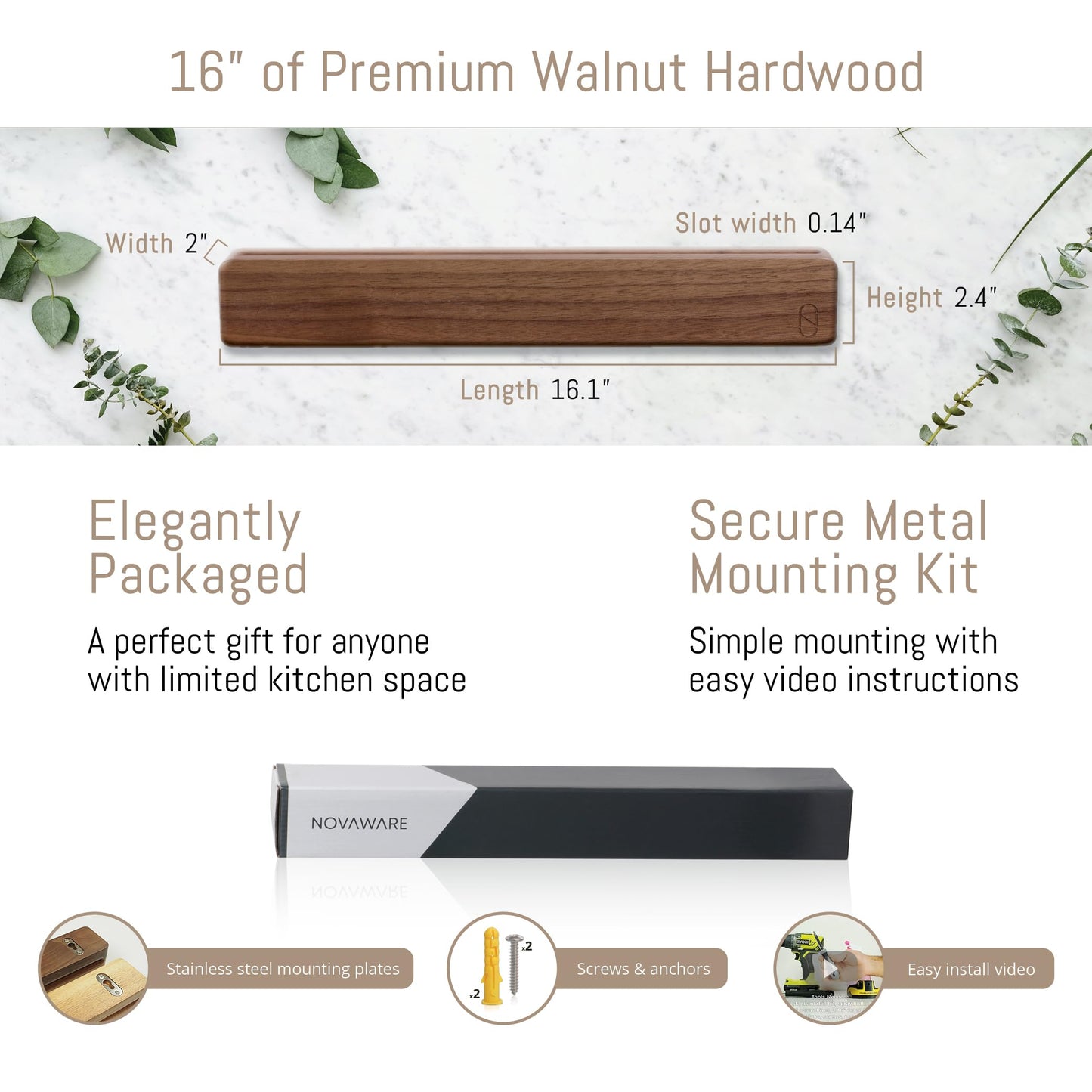 Walnut 16 inch Magnetic Knife Holder for Wall with Double Storage & Charming Wood - Knife Magnet Wall Mount, Magnetic Knife Strip, Magnetic Knife Block