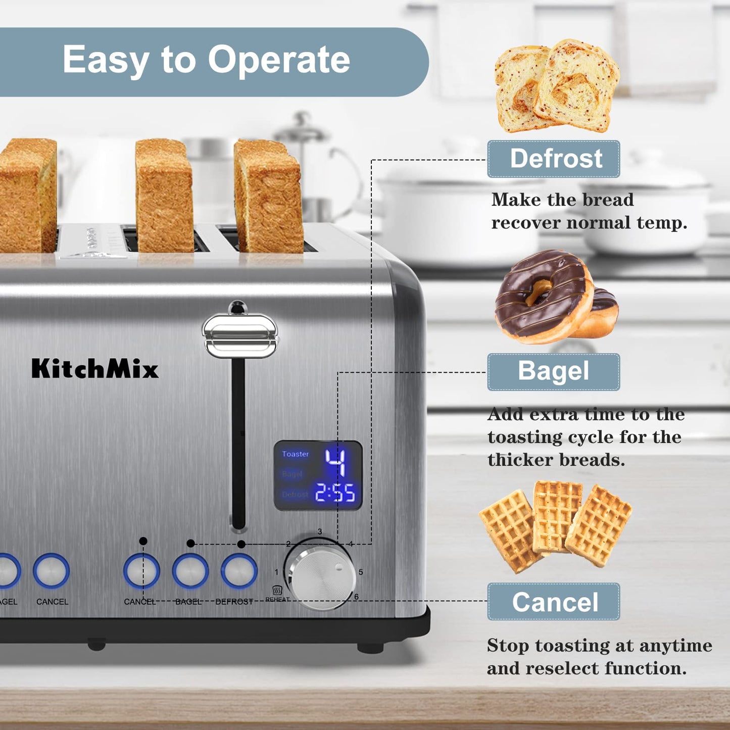 Toaster 4 Slice, Bagel Stainless Toaster with LCD Timer, Extra Wide Slots, Dual Screen, Removal Crumb Tray (Stainless steel)