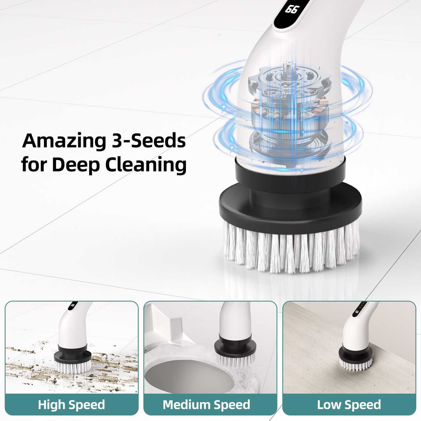 Electric Spin Scrubber for Cleaning, 9 in 1 Changeable Bathroom Scrubber with Power Display, Long Cordless Cleaning Brush, Cordless Shower Cleaner Brush for Bathtub Kitchen Wall Cleaning (Black&white)