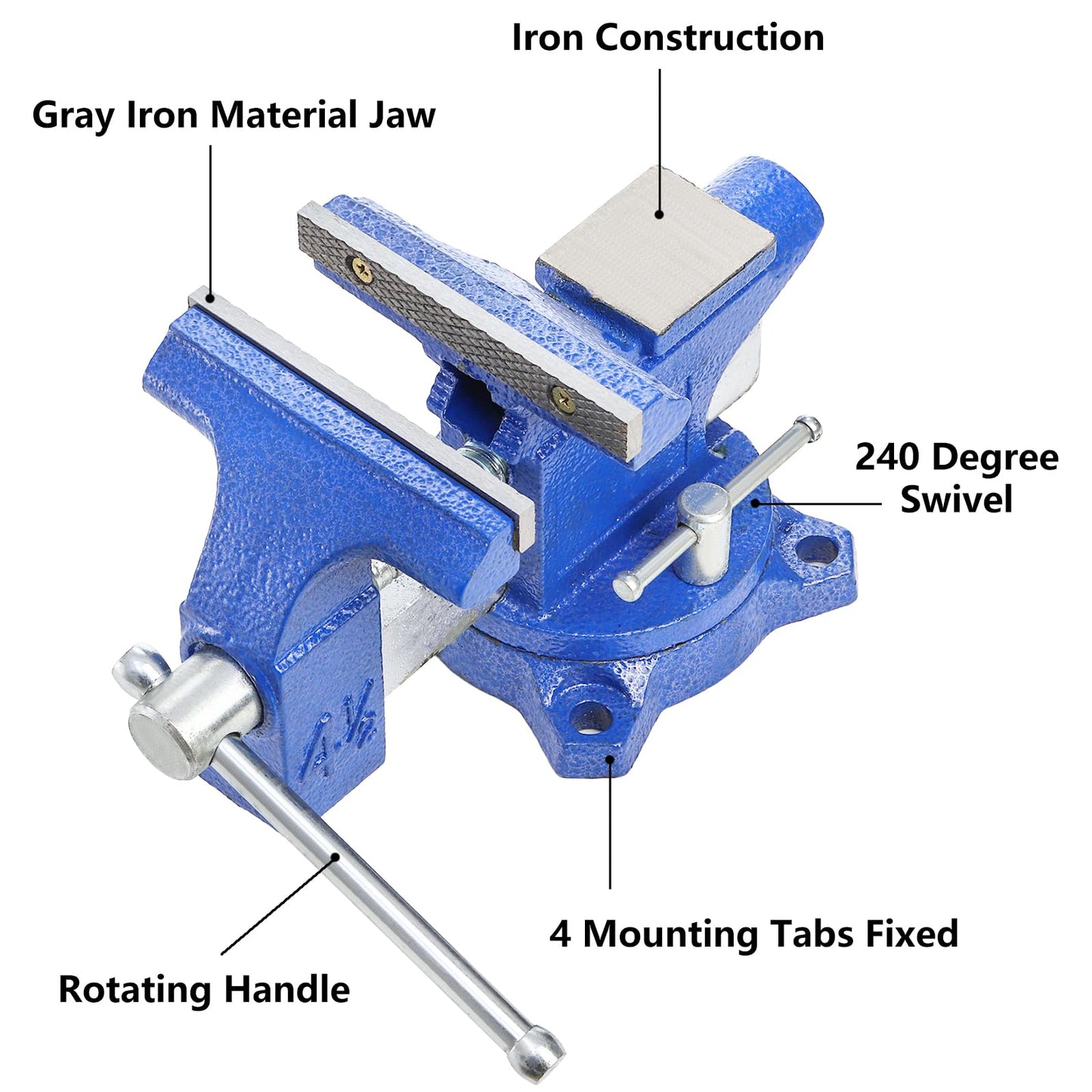 Fasmov Bench Vise, 4-1/2" Vice With 240° Swivel Base Clamp Home Vises Rotation Base, Swivel Base Bench for Workbench, Clamp-on Home Merchanic Vice Desktop Clamp for Woodworking, Drilling, Blue