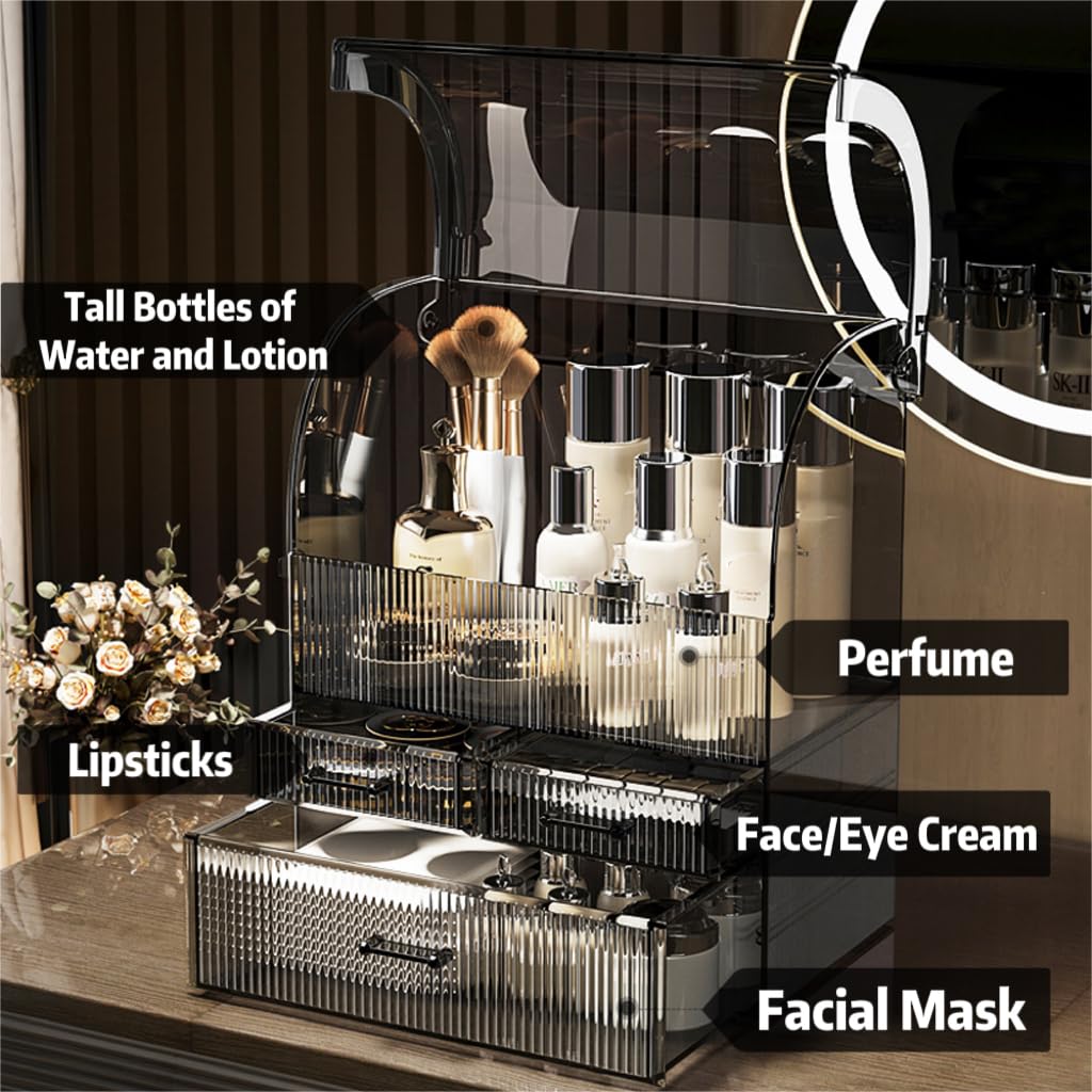 Makeup Storage Organizer, X-Large Acrylic Cosmetics Organizer Skincare Display Case with Drawers, Perfume Makeup Organizer Box with Waterproof Cover for Countertop, Bathroom, Dresser(Black-XL)