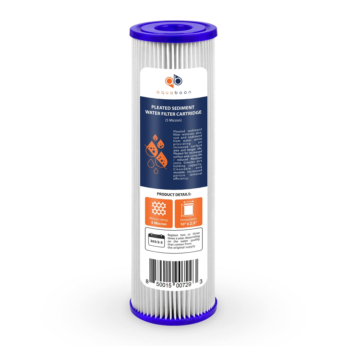 Aquaboon 5 Micron Pleated Water Filter 10 x 2.5 - Whole House Sediment Filter Replacement Cartridge Compatible with WFPFC3002, WHKF-WHPL, 6-Pack