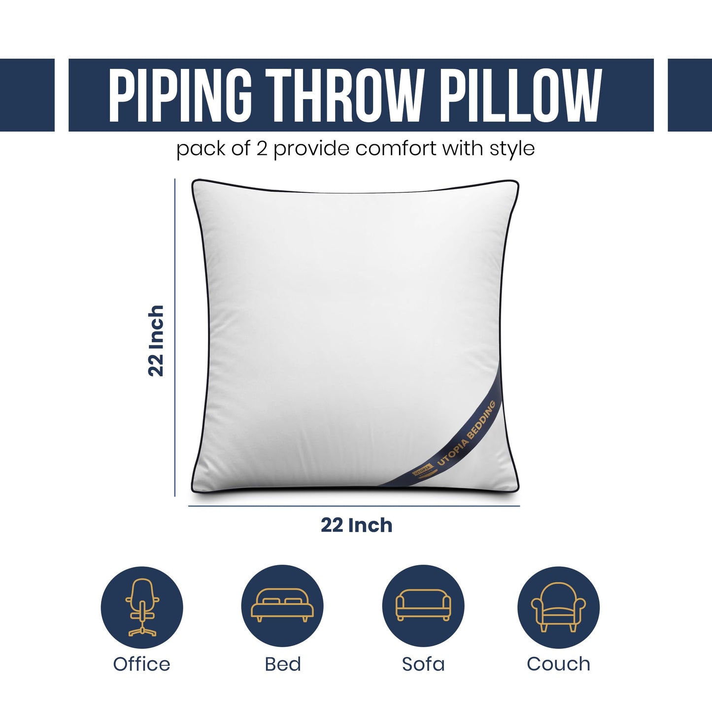 Utopia Bedding Throw Pillow Inserts (Pack of 2, White), 22x 22 Inches Decorative Indoor Pillows for Sofa, Bed, Couch, Cushion Sham Stuffer