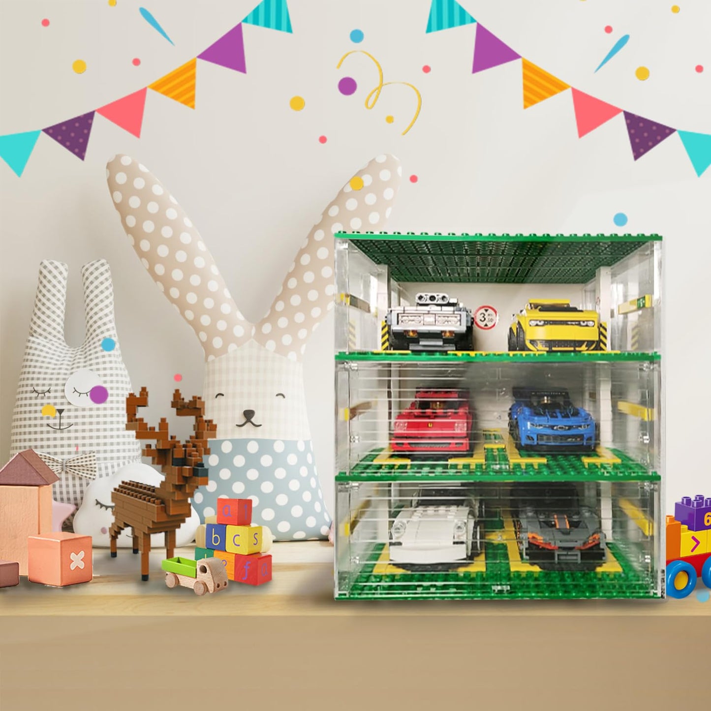 Cabeeskii Parking Garage Compatible Speed Champions Car, DIY 3-Layer Parking Display Case, 130PCS Modular Building Display Case Compatible with Sport Auto(Cars Not Included)