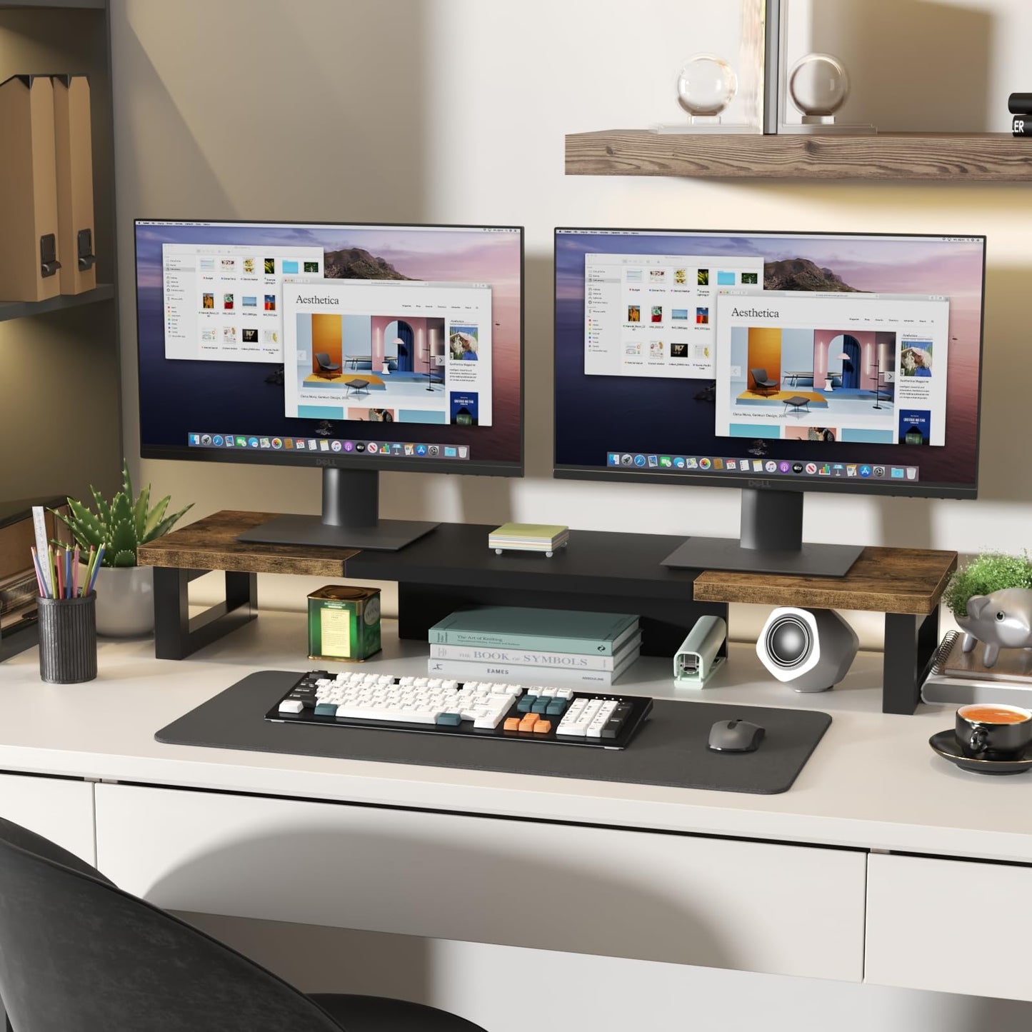 WESTREE Dual Monitor Riser Stand, Sturdy Computer Monitor Riser, Multi-Purpose Desktop Storage Organizer Shelf for Laptop Computer (Rustic Brown-Large)