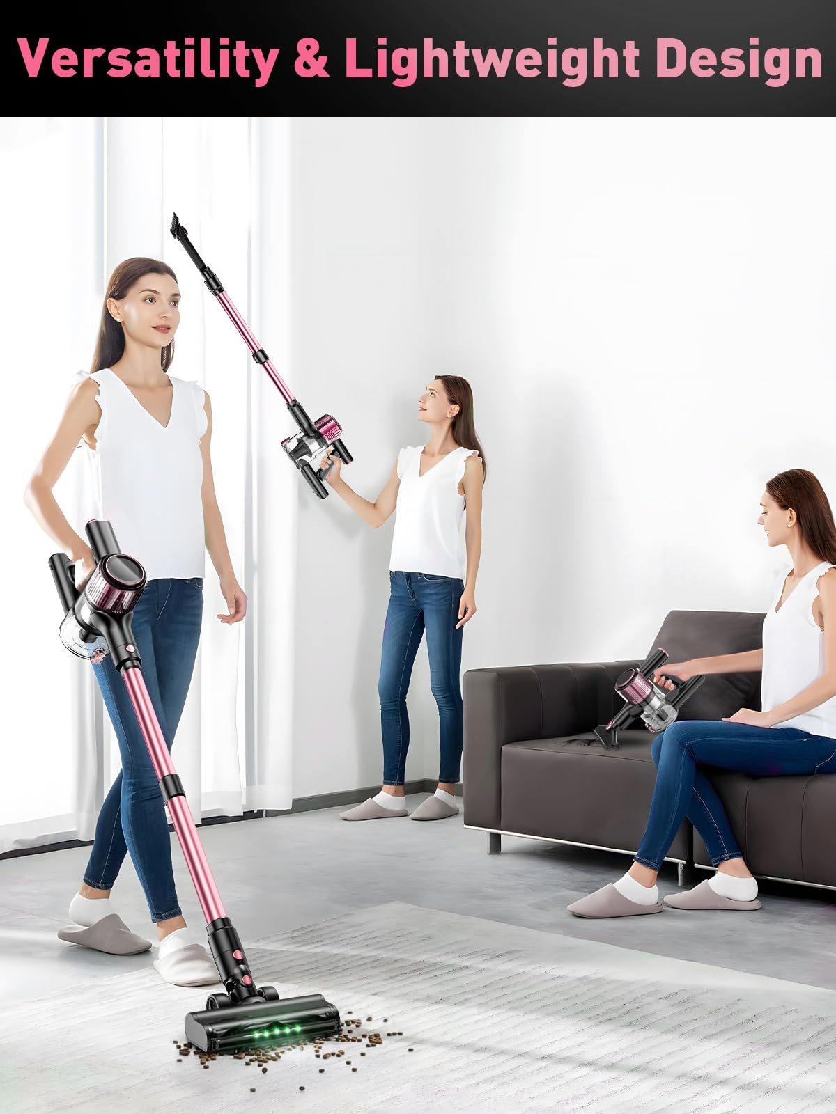 Cordless Vacuum Cleaner, 350W/40Kpa 8 in 1 Powerful Stick Vacuum, with Anti-Tangle Brush and Upgraded Green Light, 45mins Runtime Rechargeable Lightweight Vacuums for Hardwood Floor (Pink)