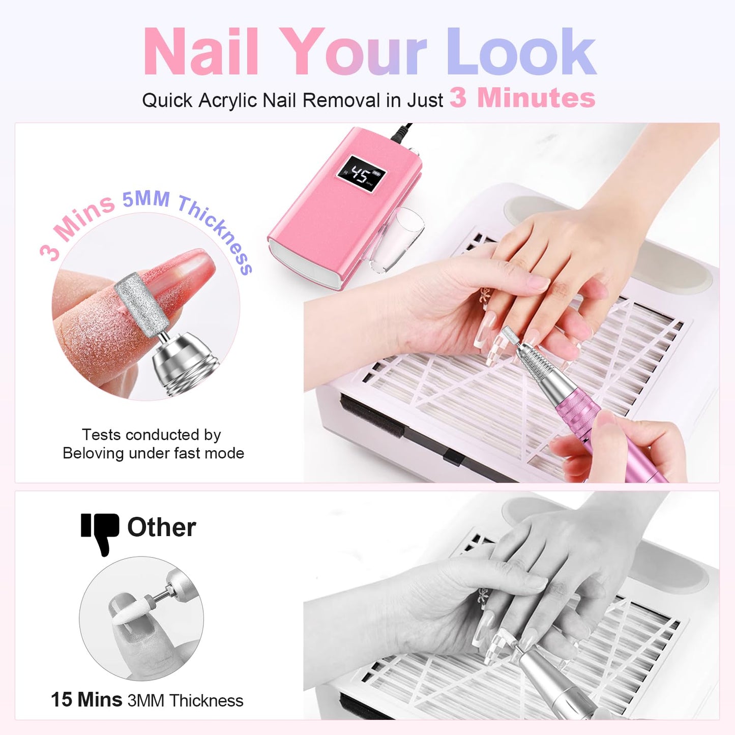Beloving Portable Nail Drill Professional, 45000RPM Rechargeable Nail Drill Electric File Machine for Acrylic Gel Polish Remover, Cordless Nail Kit for Manicure Pedicure with 11 Bits for Salon Home