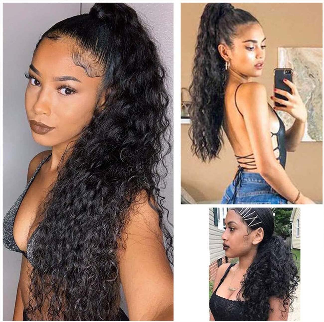 Datanala Water Wave Ponytail Extensions Human Hair Drawstring Ponytail Extension Brazilian Remy Water Wave Human Hair Ponytail Clip in Hair Extensions Nature Black Color for Black Women (18Inch)