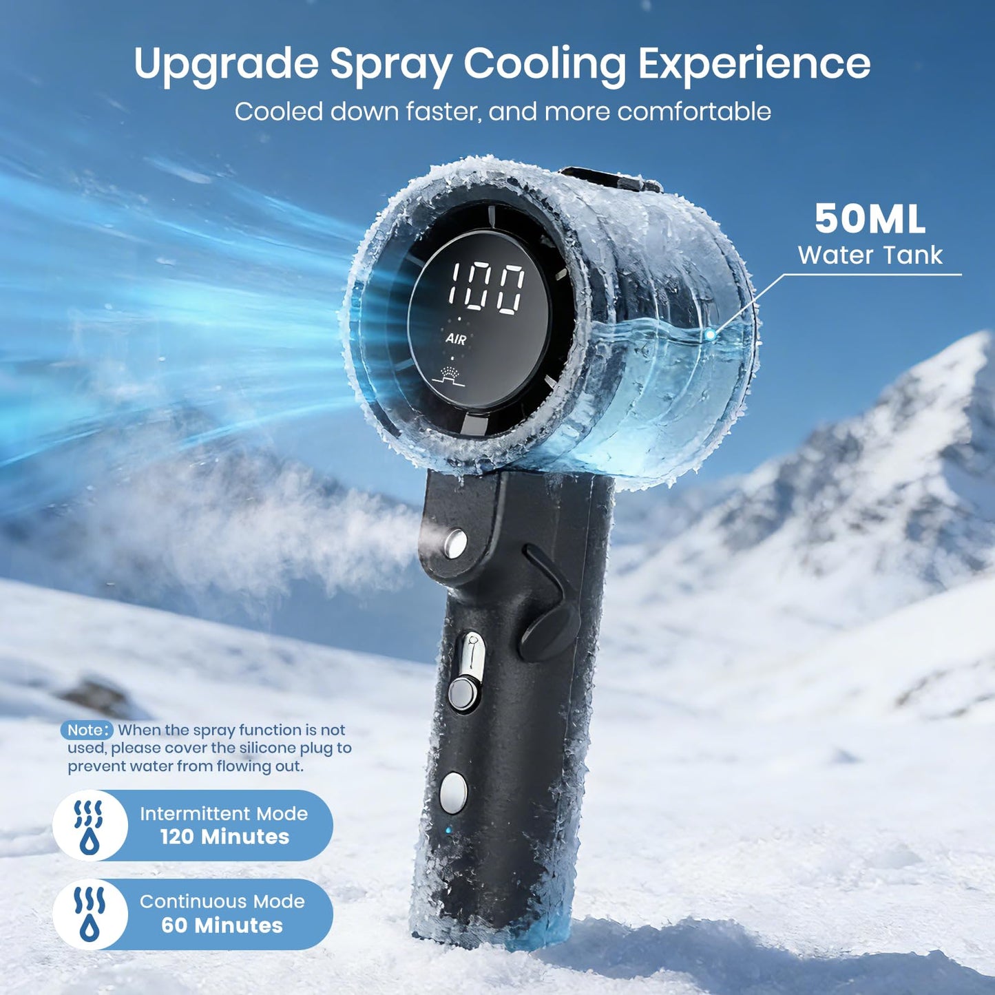 Handheld Misting Fan, 4000mAh Rechargeable 50ml Water Tank, 14000 RPM Strong Airflow 3 Speeds 2 Mist Modes, Digital Display USB-C Portable Spray Fan for Outdoor Hiking Travel Office - Black