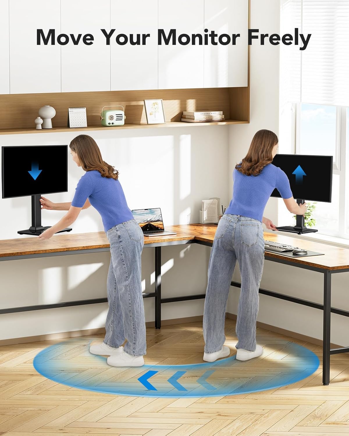 HUANUO Monitor Stand, Freestanding VESA Monitor Mount for 13″–34″ Screens up to 44 lbs, 5 Height Options, Swivel Desk Monitor Stand Riser with 360° Rotation, Tilt, 75x75mm/100x100mm VESA, HNTVS29