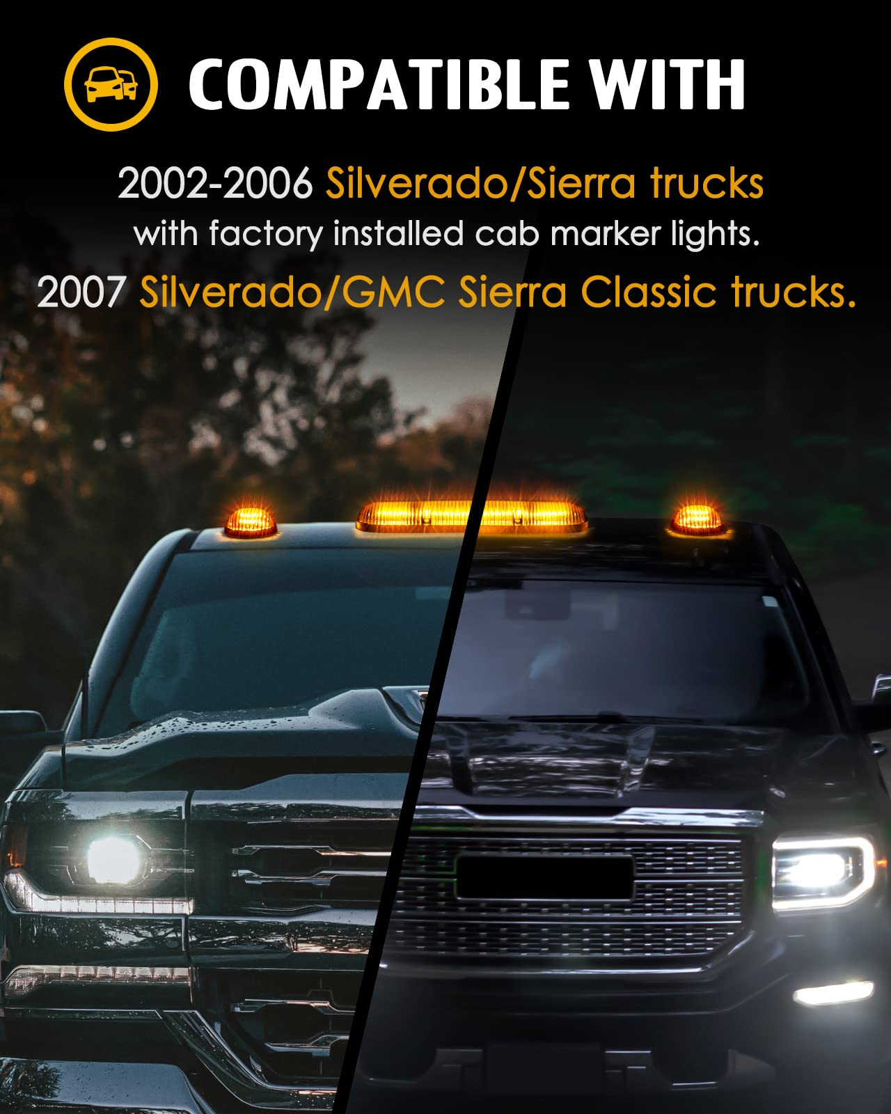 Partsam 3PCS 30LED Cab Marker Roof Running Lights Assembly Compatible with Silverado/Sierra 1500 1500HD 2500 2500HD 3500 2002-2007 Trucks Lights + Wiring Pack
