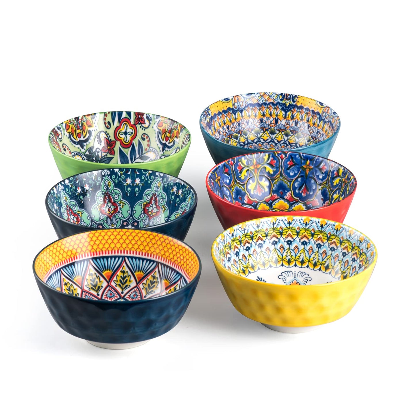 Porcelain Cereal, Soup Bowls Set of 6-25 Oz Colorful Serving Bowls for Salad, Pasta, Oatmeal, Dessert, Dishware, Microwave & Oven Safe - Bohemian Style