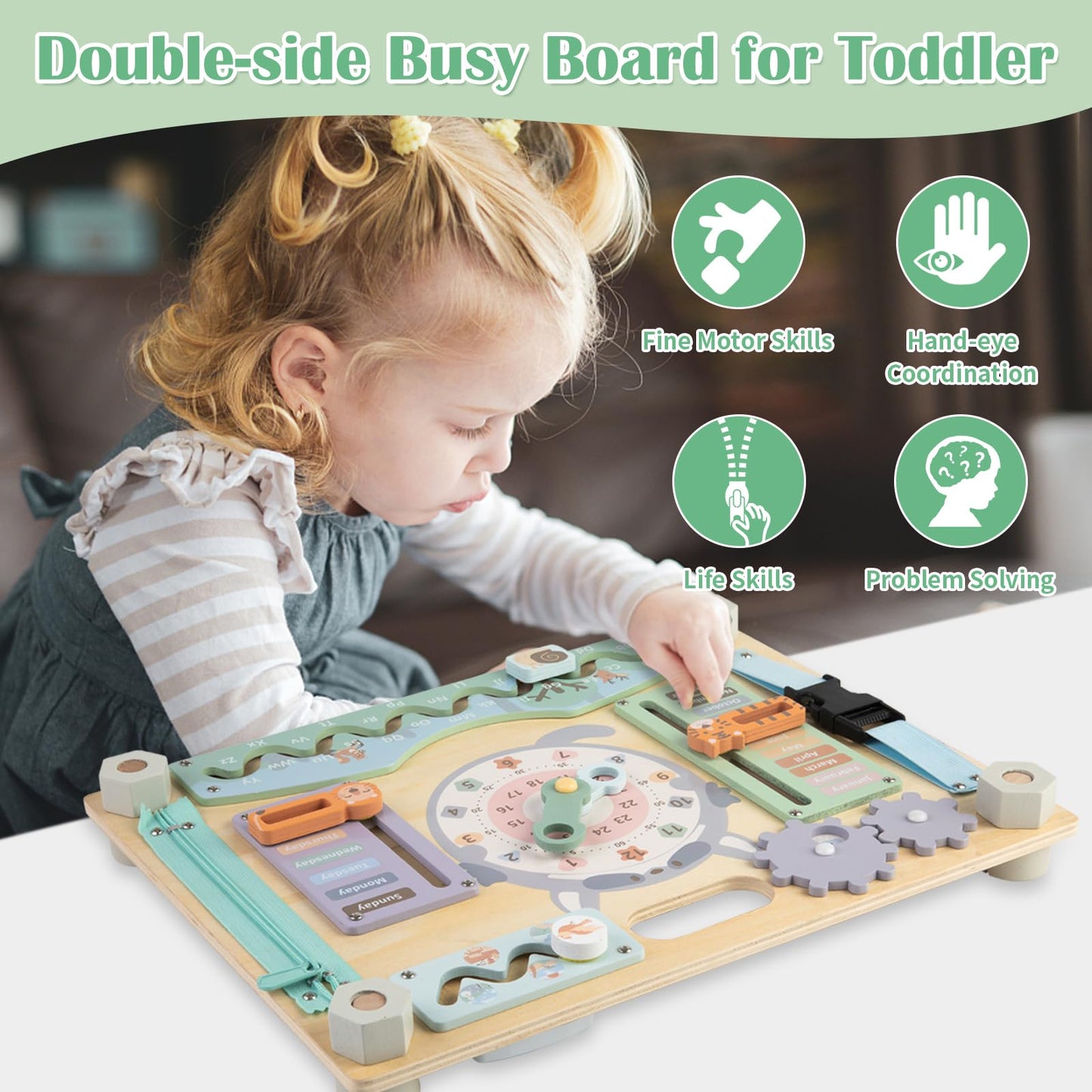 Smartwo Double-Sided Montessori Busy Board for Toddlers Sensory Activities, Educational Learning Toy Wooden for Kids Aging 3 to 5 Years Old, Ideal Choice for Baby Girls Boys Gift (Safari Theme)