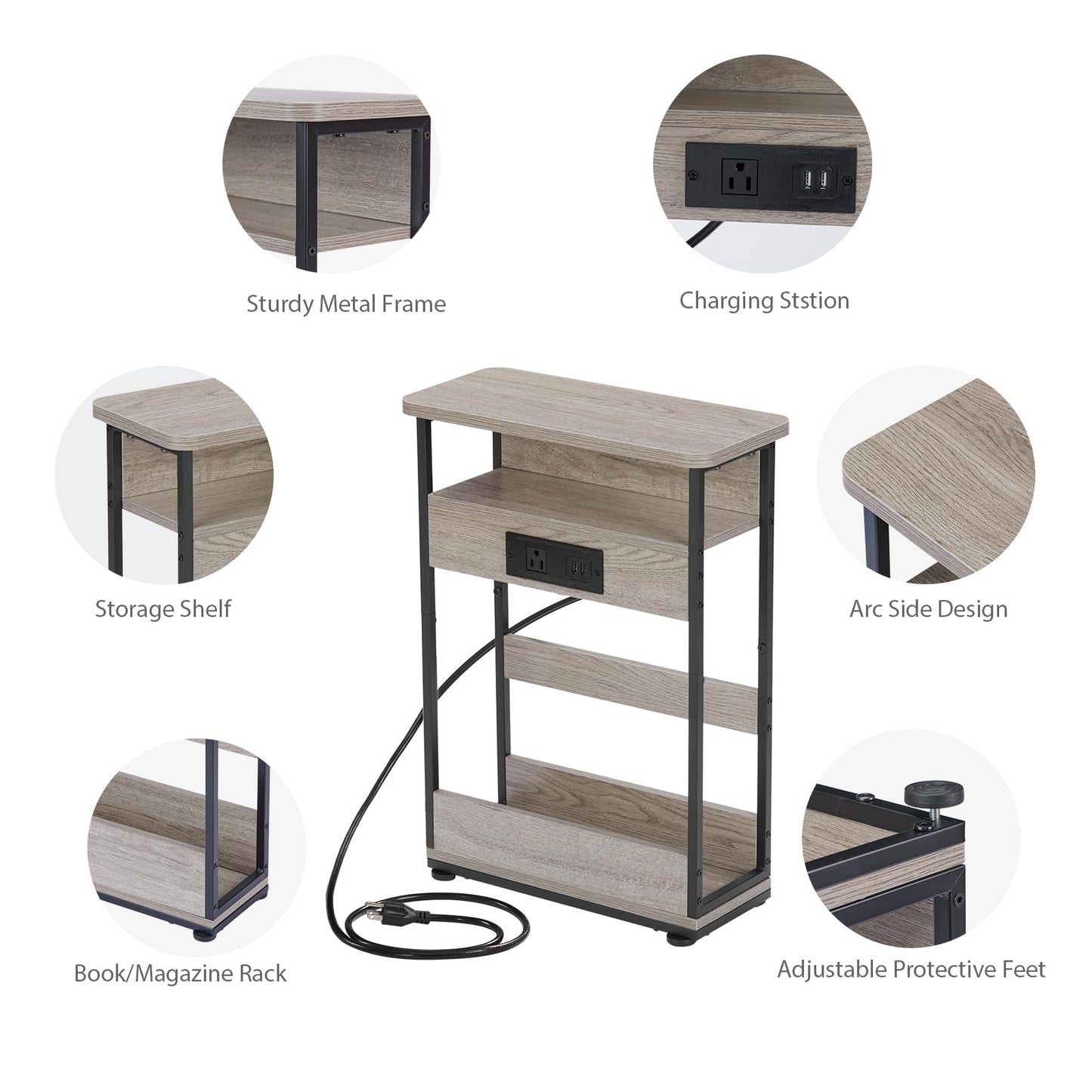 Small Narrow Side Table with Charging Station for Small Space, 3-Tier Accent Couch Beside Table with USB Ports & Power Outlets, Sofa Side Table for Living Room Bedroom Apartment (USB Charger, Oak)