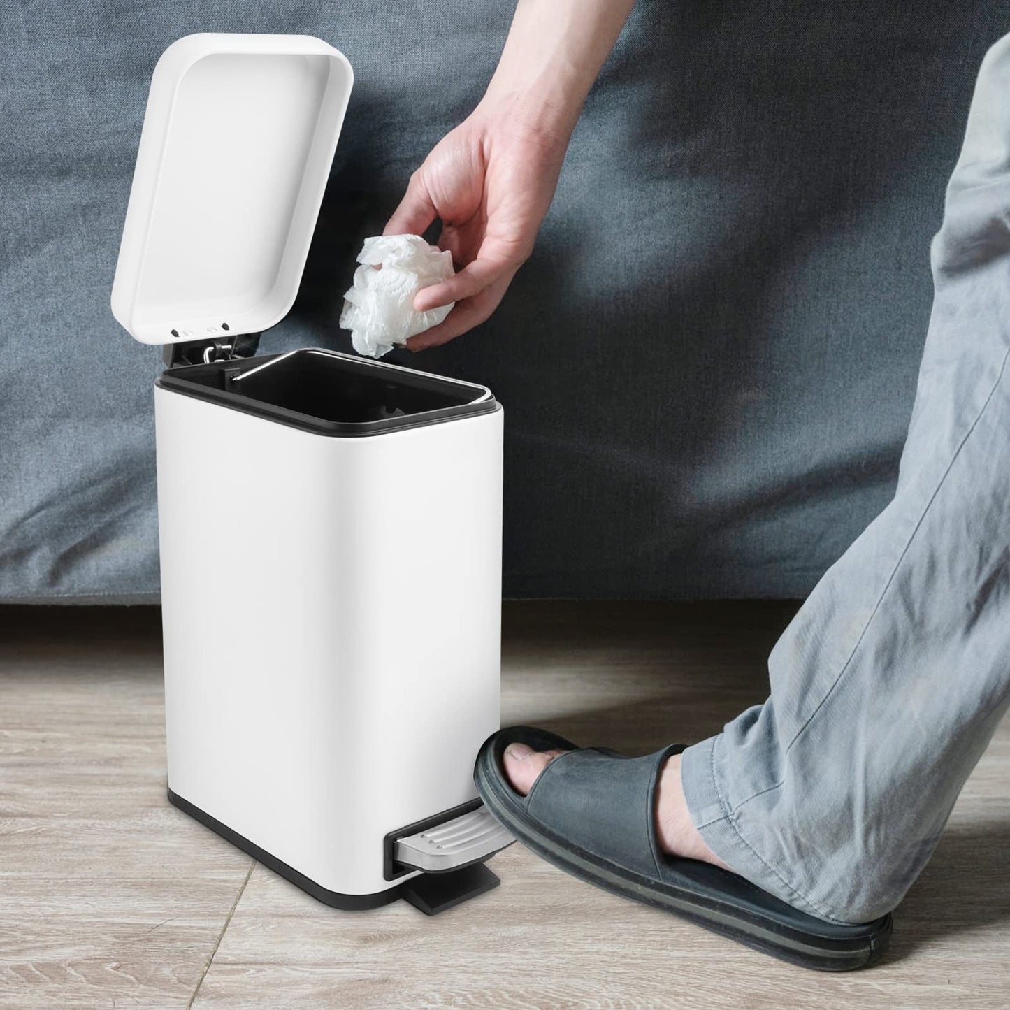 5 Liter/1.3 Gallon Slim Small Trash Can with Lid Soft Close, Stainless Steel Garbage Can for Bathroom Bedroom Office, Rectangular Step Trash Bin with Removable Inner Waste Basket (White)