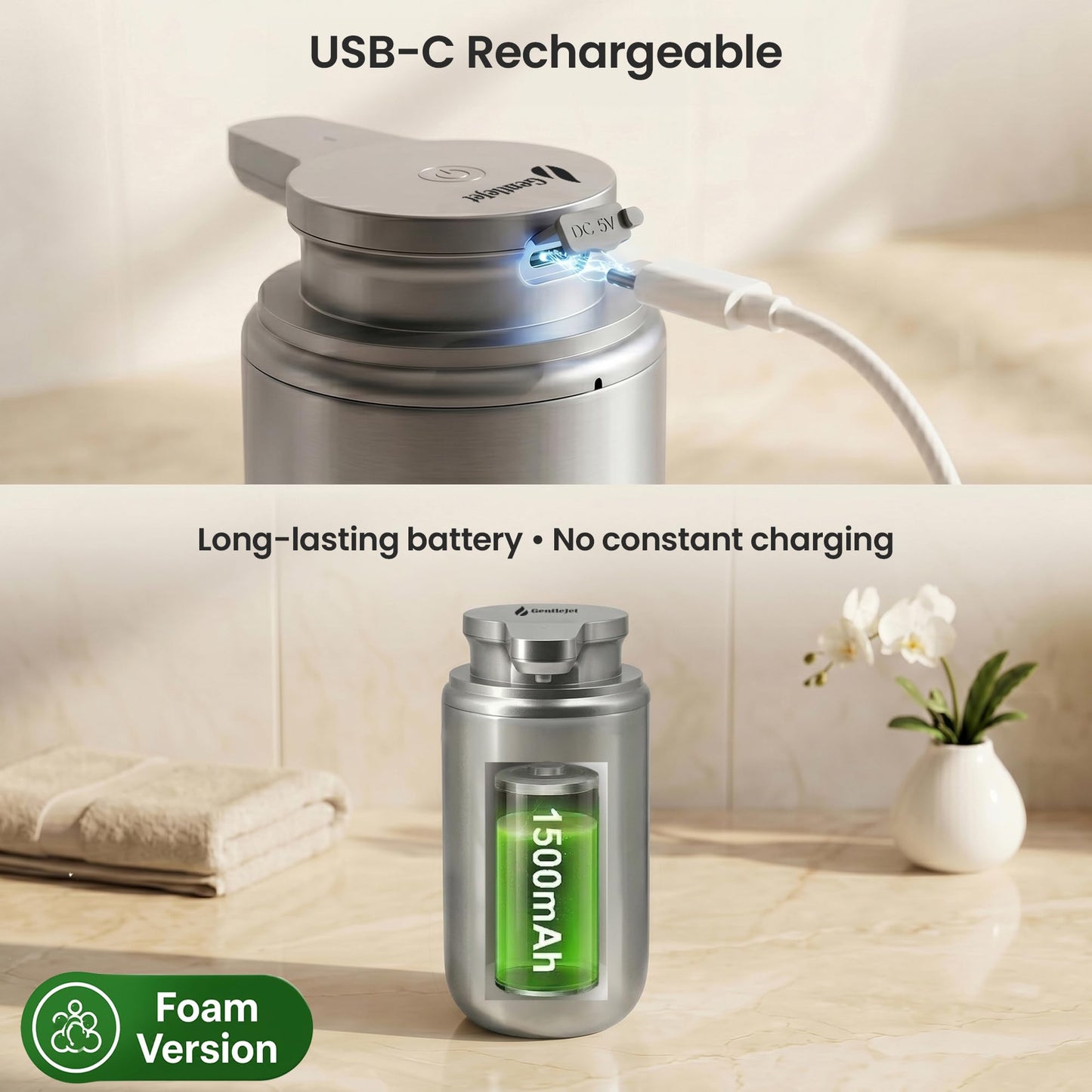 GentleJet WaveJet Automatic Foaming Soap Dispenser Touchless Sensor, USB-C Rechargeable, 304 Stainless Steel, IPX5 Waterproof for Bathroom Kitchen Sink, 12 oz / 350 ml