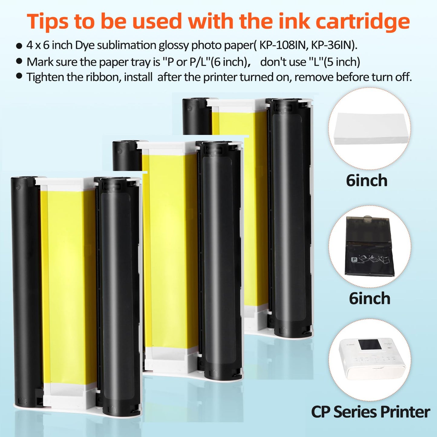 3-Pack Ink Cartridges Compatible with Canon Selphy KP-108IN KP-36IN Color Ink Cassette 4 x 6, for Selphy CP1500 CP1300 CP1200 CP1000 CP Photo Printers, 100 x 148mm (Without Paper)