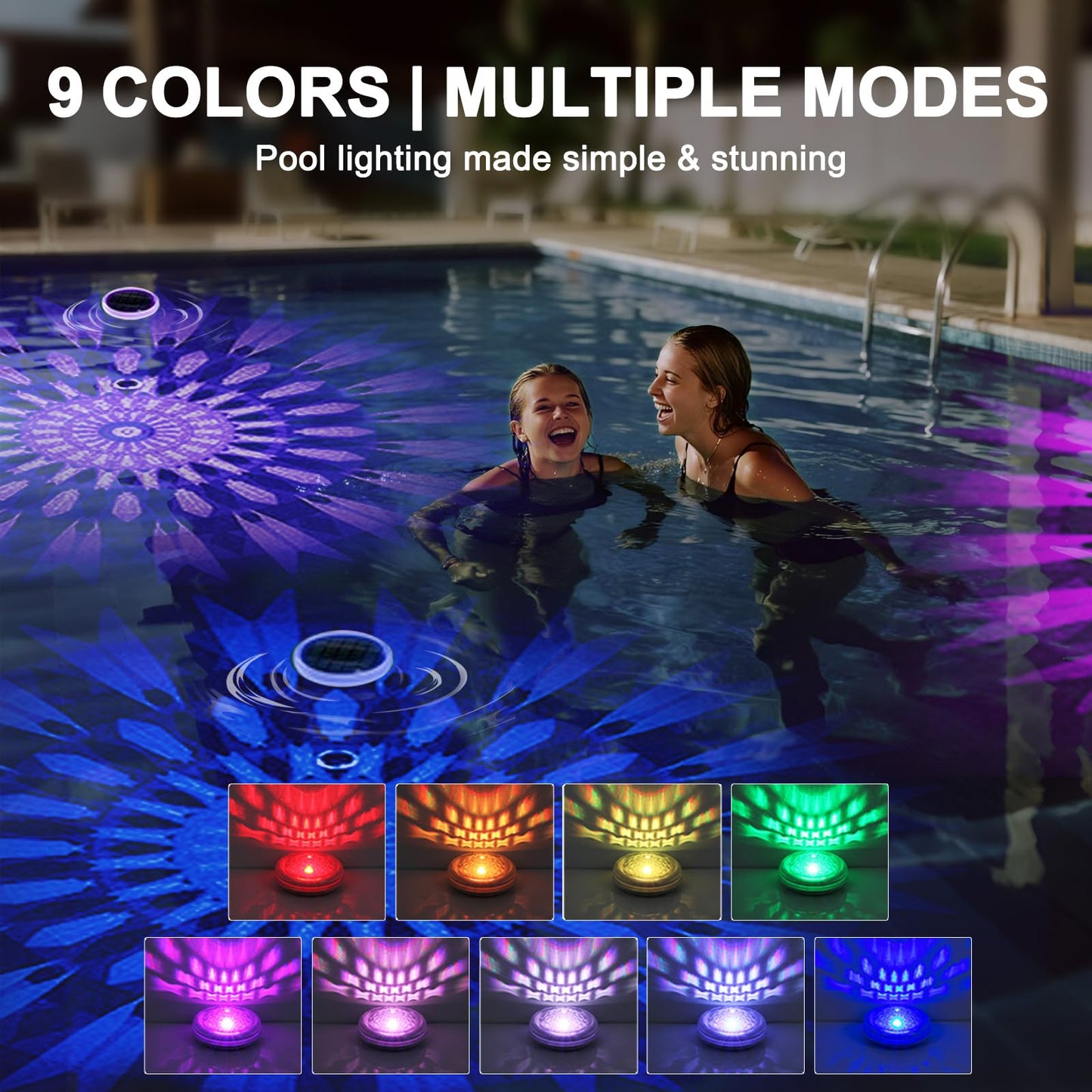 MATEPROX Solar Floating Pool Lights, Rechargeable RGB Pool Light with Remote Control, 9 Lighting 3 Mode, IPX7 Waterproof for Swimming Pool, Garden, Bathtub, Indoor Parties(2 PCS)