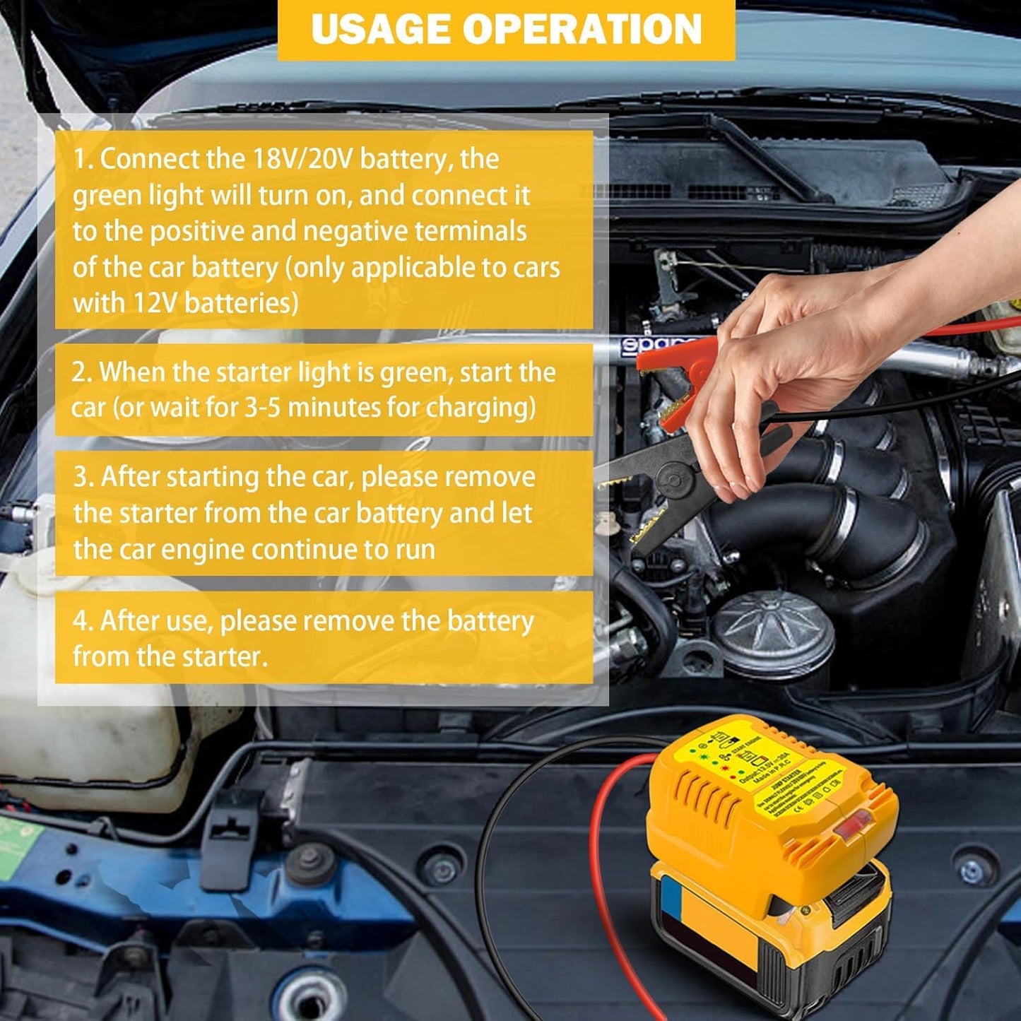Car Jumper Starters Adapter for Dewalt 20V Battery with 12V Car Jumper Clampes, Up to 3.5 Gas or 6.5L Diesel Engines, 11 AWG Jump Kit Cable Automotive Car Booster