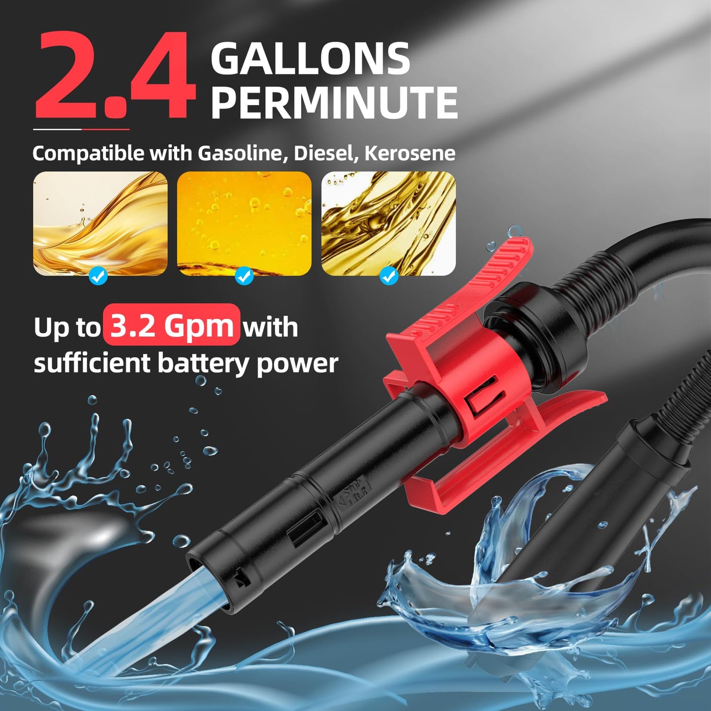 Gasoline Fuel Pump Battery Powered Fuel Transfer Pump Liquid Pump with Auto-Stop Flexible Hose for Gasoline Diesel Fuel（Batteries Not Included）