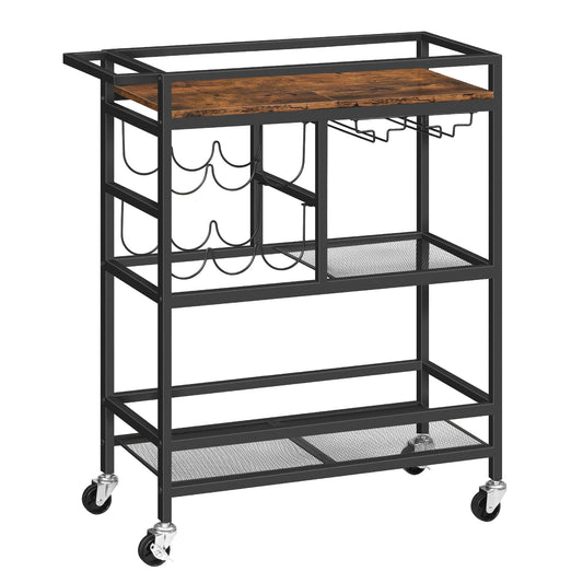 MAHANCRIS Bar Cart for The Home, 3-Tier Serving Cart with Wheels and Handle, Beverage Cart with Wine Rack and Glass Holder for Kitchen, Dining Room, Rustic Brown RCHR6101