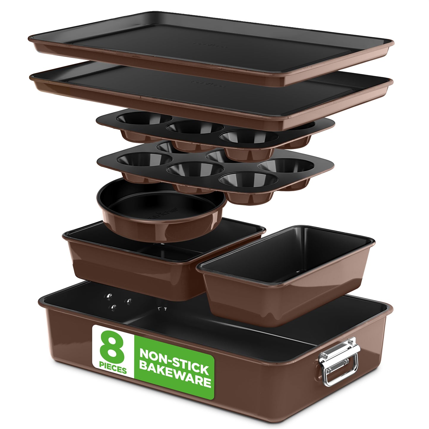 NutriChef 8-Piece Nonstick Bakeware Set – Stackable Baking Pans & Oven Trays, Durable Steel, Easy to Clean, Stylish Kitchen Baking Supplies for Cakes, Muffins & More (Brown)
